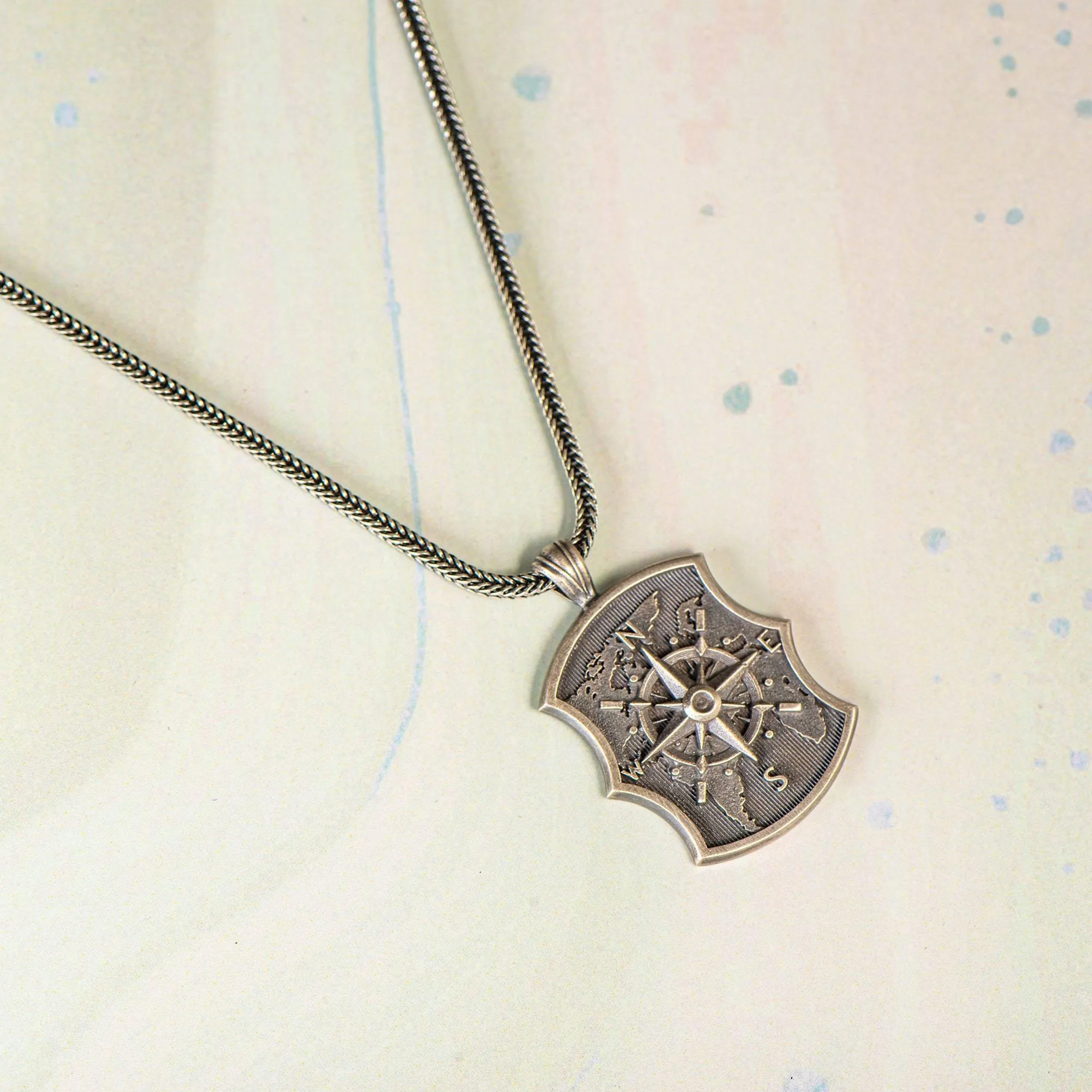Silver Compass Necklace, Oxidized Compass Necklace, Unisex Jewelry