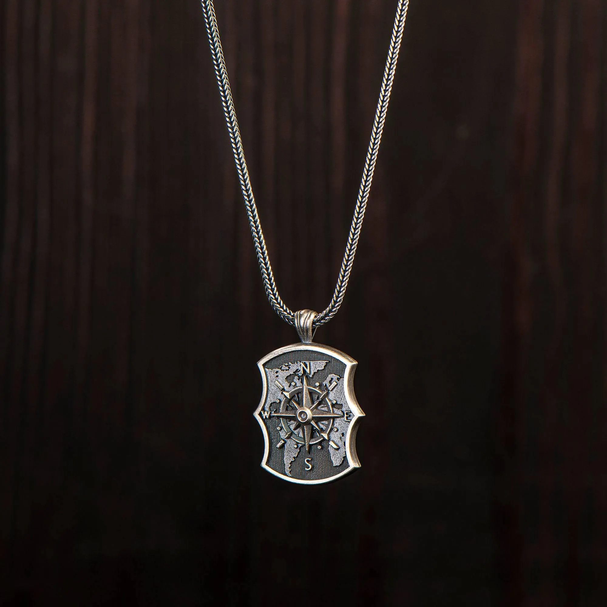 Silver Compass Necklace, Oxidized Compass Necklace, Unisex Jewelry