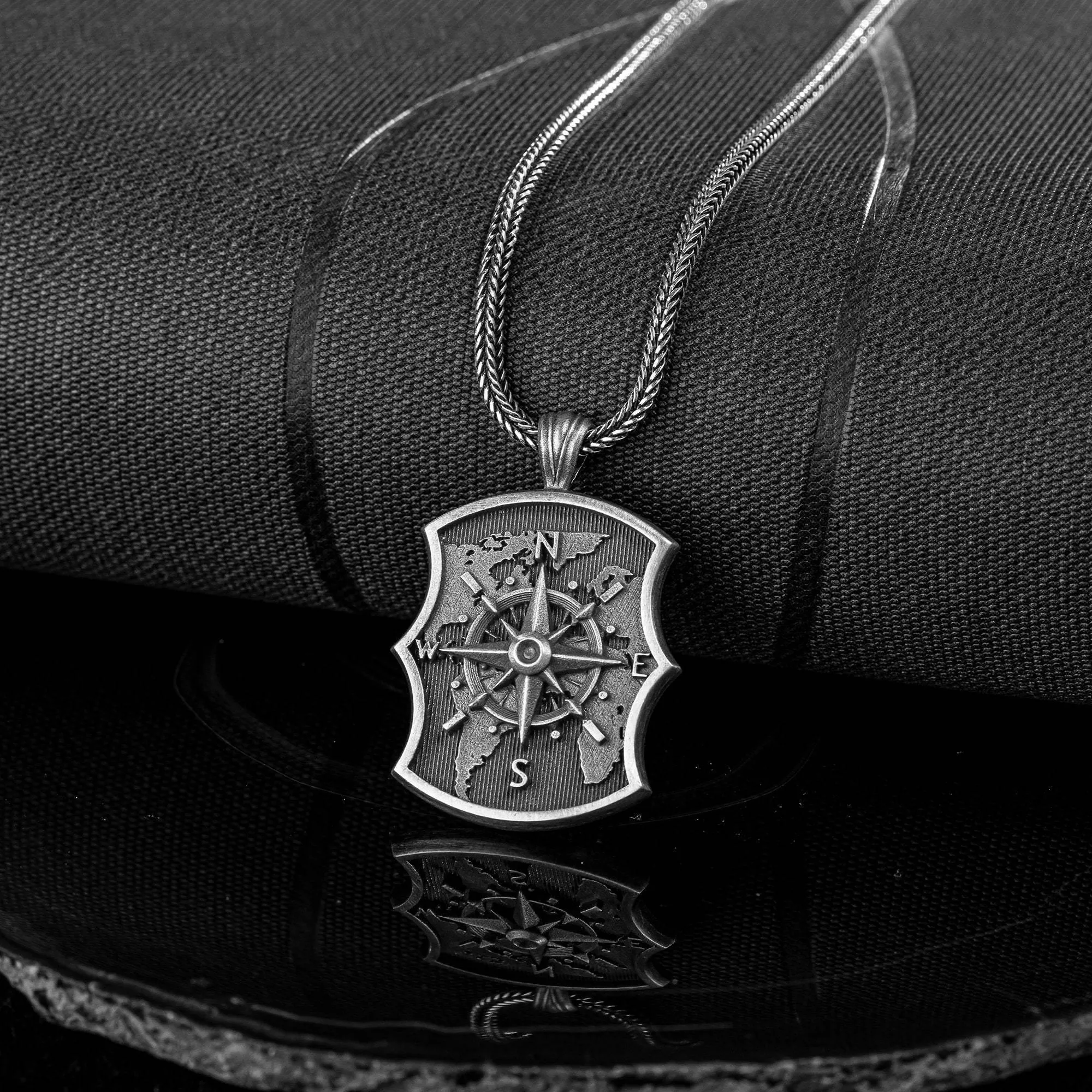 Silver Compass Necklace, Oxidized Compass Necklace, Unisex Jewelry