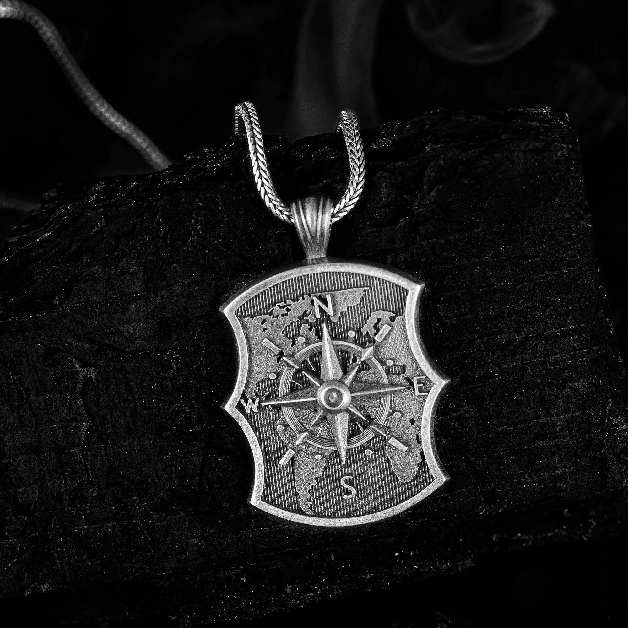 Silver Compass Necklace, Oxidized Compass Necklace, Unisex Jewelry