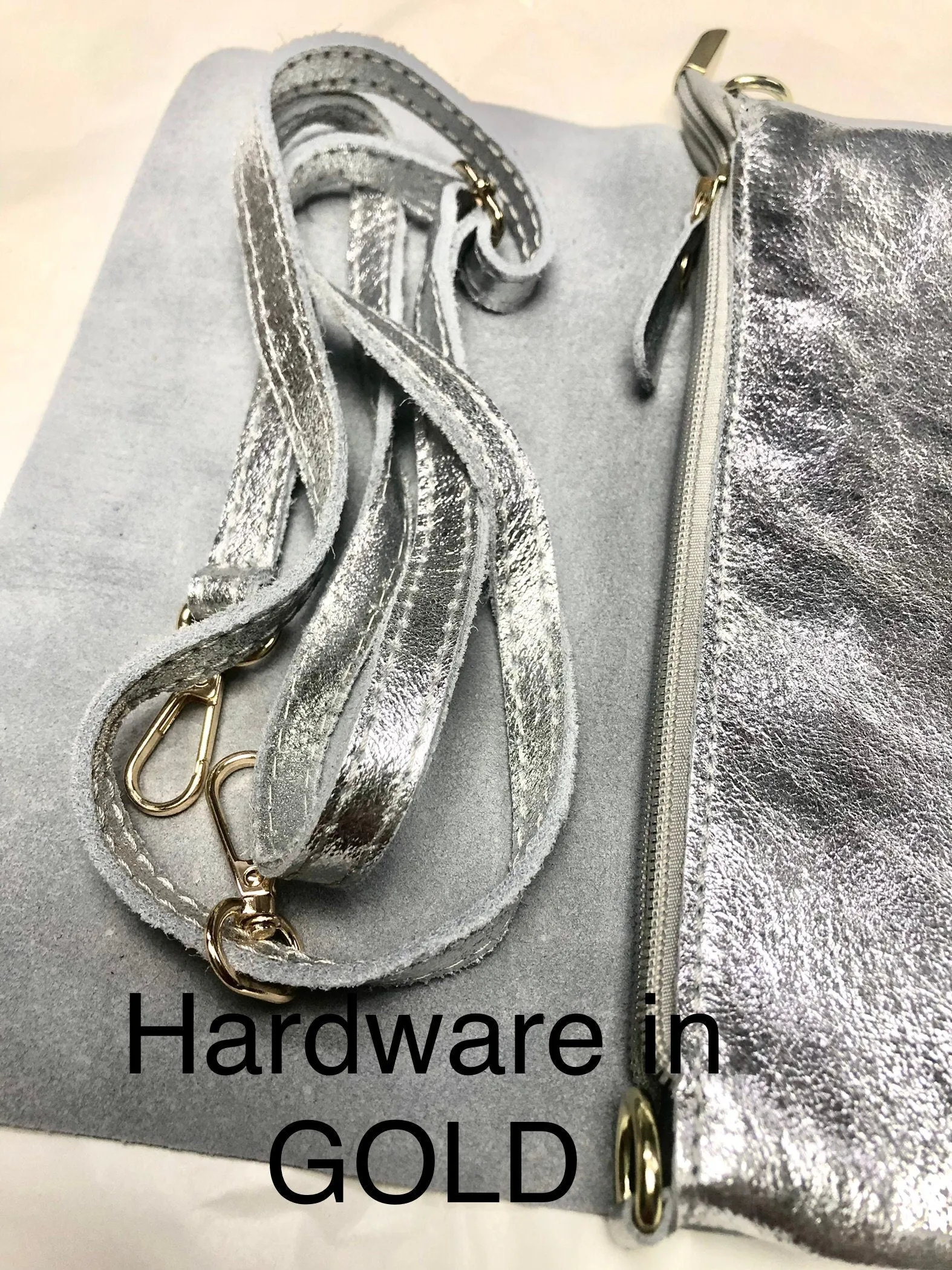 Small leather bag in SILVER. Cross body bag, shoulder bag in GENUINE  leather. Metallic shine bag with adjustable strap,  zipper and flap.