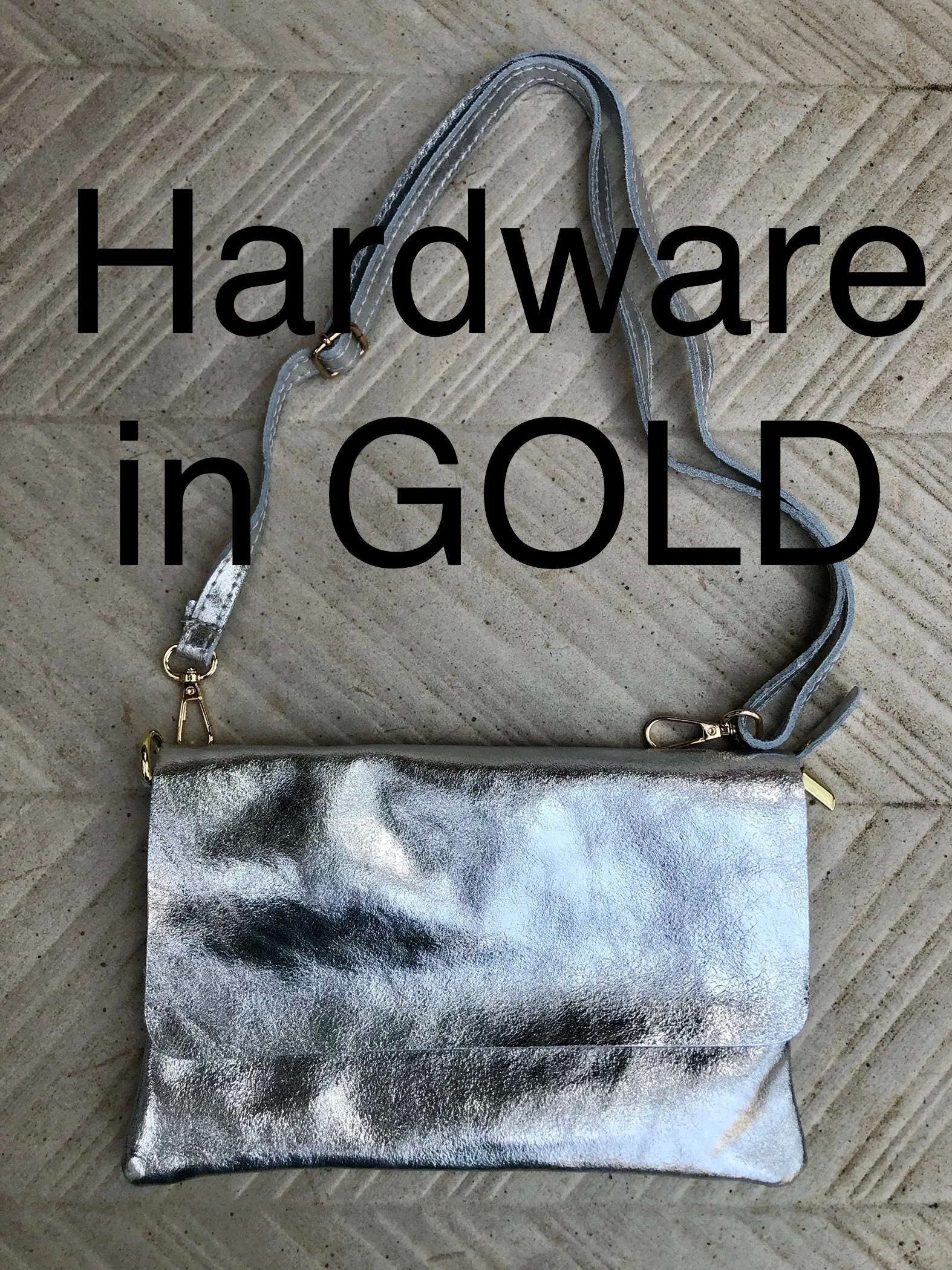 Small leather bag in SILVER. Cross body bag, shoulder bag in GENUINE  leather. Metallic shine bag with adjustable strap,  zipper and flap.