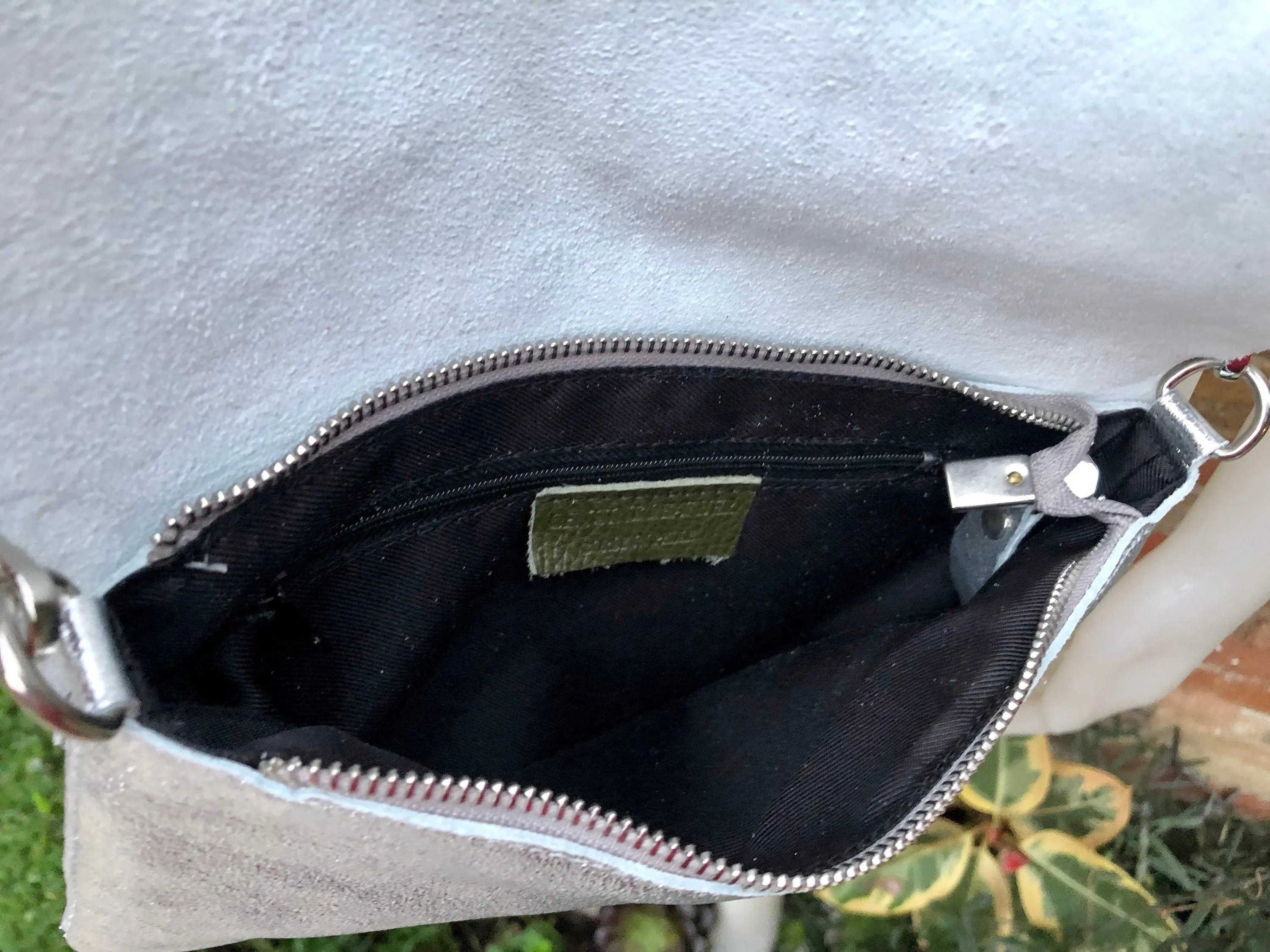 Small leather bag in SILVER. Cross body bag, shoulder bag in GENUINE  leather. Metallic shine bag with adjustable strap,  zipper and flap.