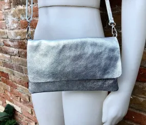 Small leather bag in SILVER. Cross body bag, shoulder bag in GENUINE  leather. Metallic shine bag with adjustable strap,  zipper and flap.