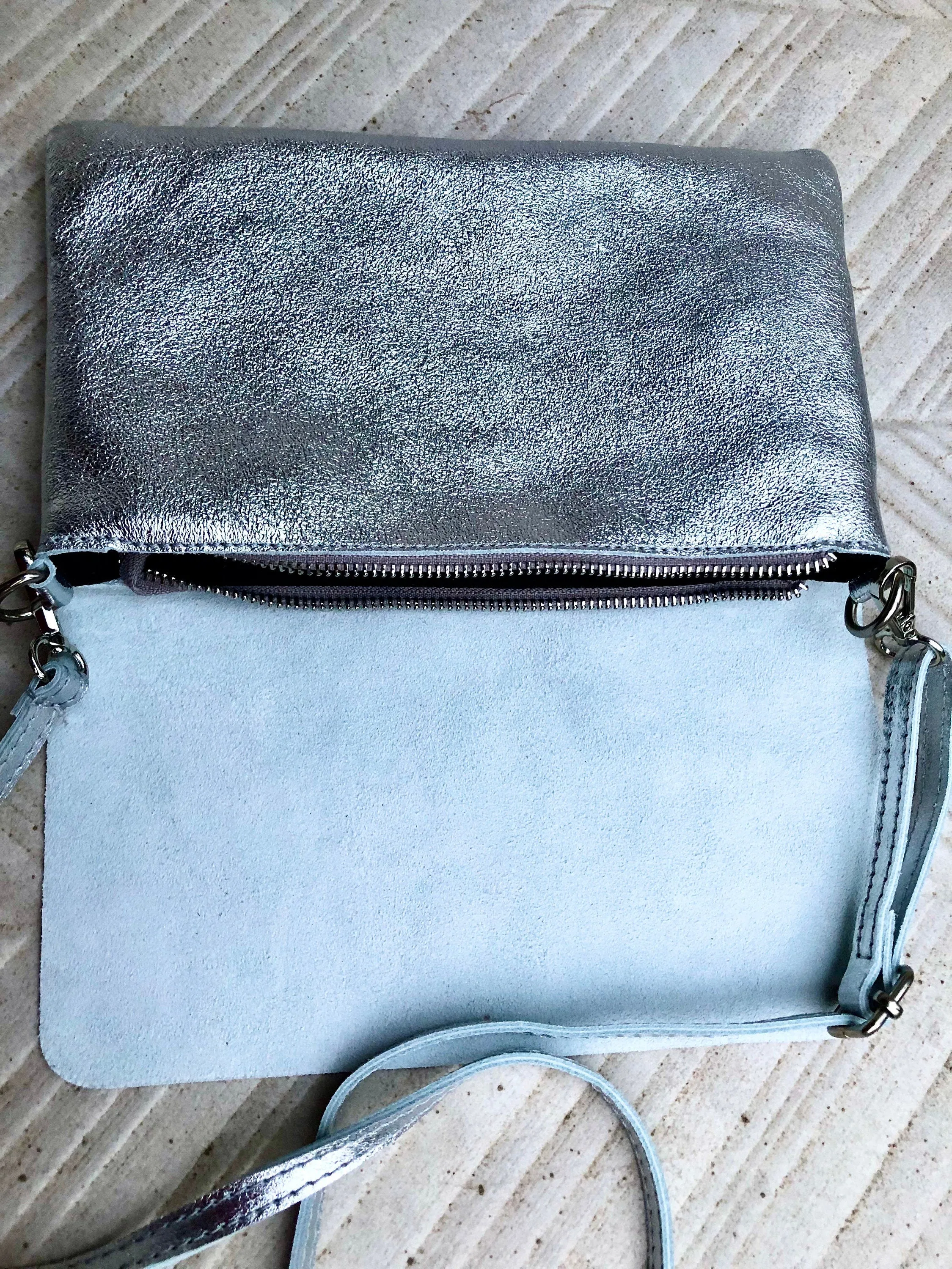 Small leather bag in SILVER. Cross body bag, shoulder bag in GENUINE  leather. Metallic shine bag with adjustable strap,  zipper and flap.
