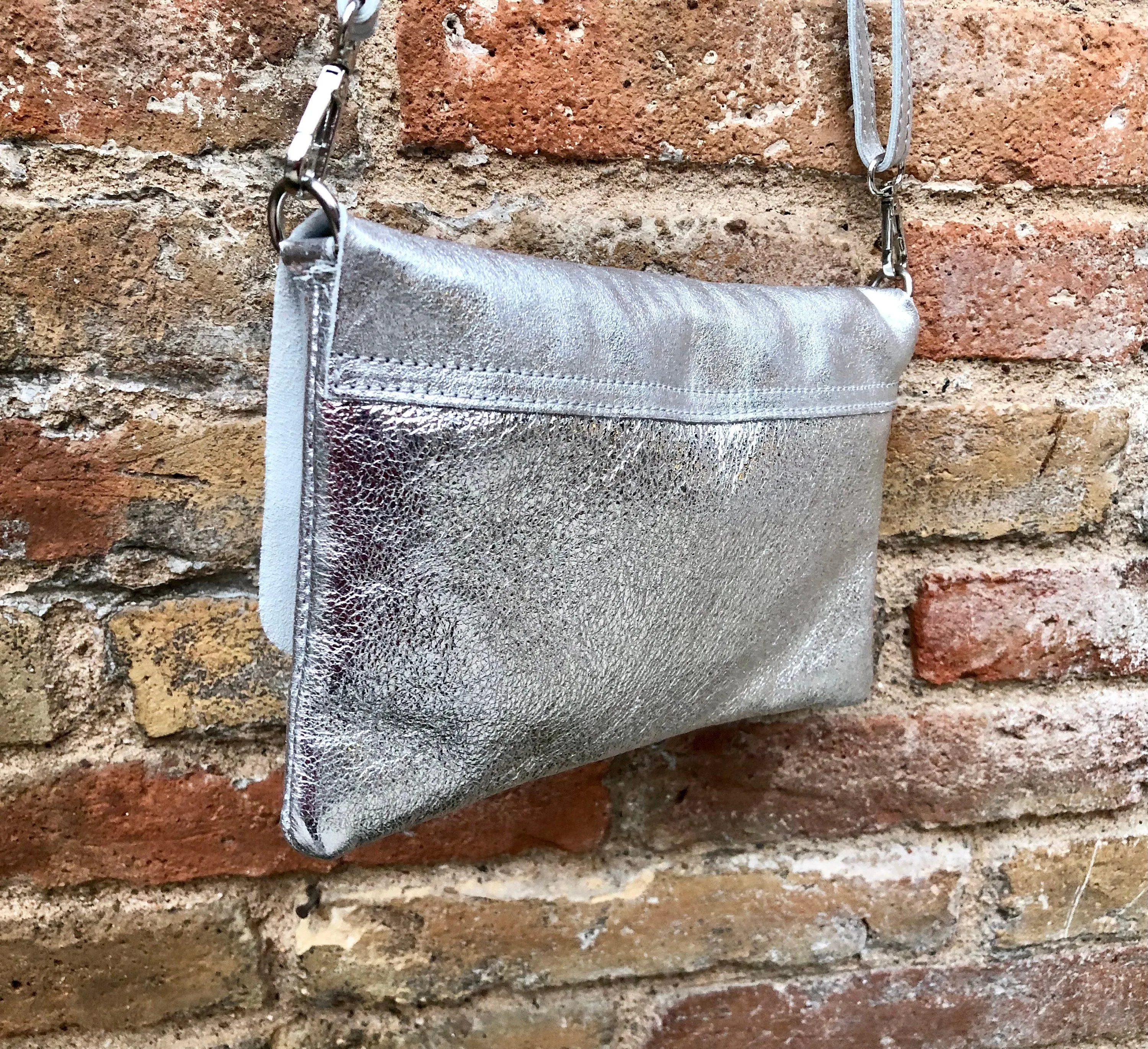 Small leather bag in SILVER. Cross body bag, shoulder bag in GENUINE  leather. Metallic shine bag with adjustable strap,  zipper and flap.