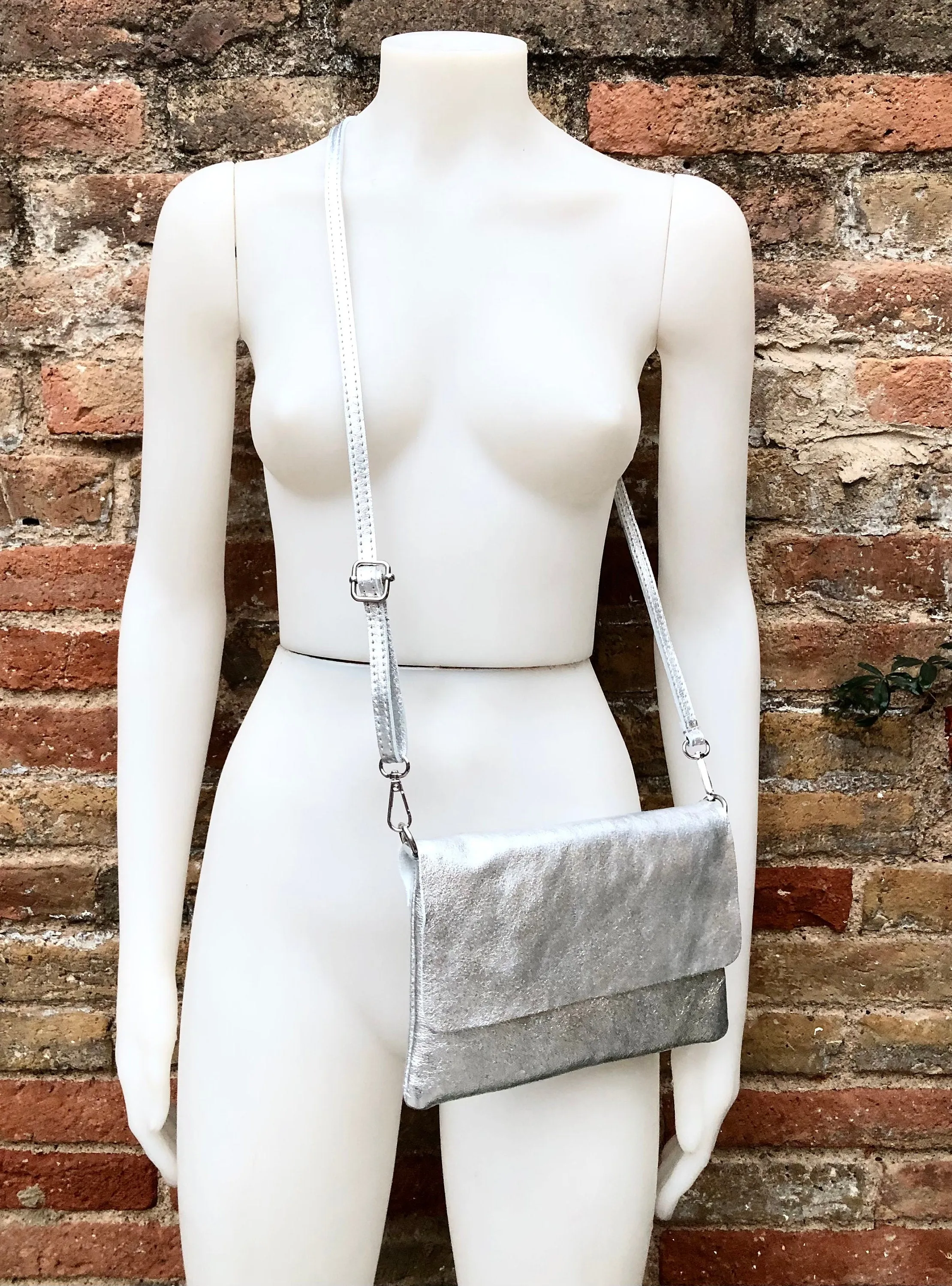 Small leather bag in SILVER. Cross body bag, shoulder bag in GENUINE  leather. Metallic shine bag with adjustable strap,  zipper and flap.