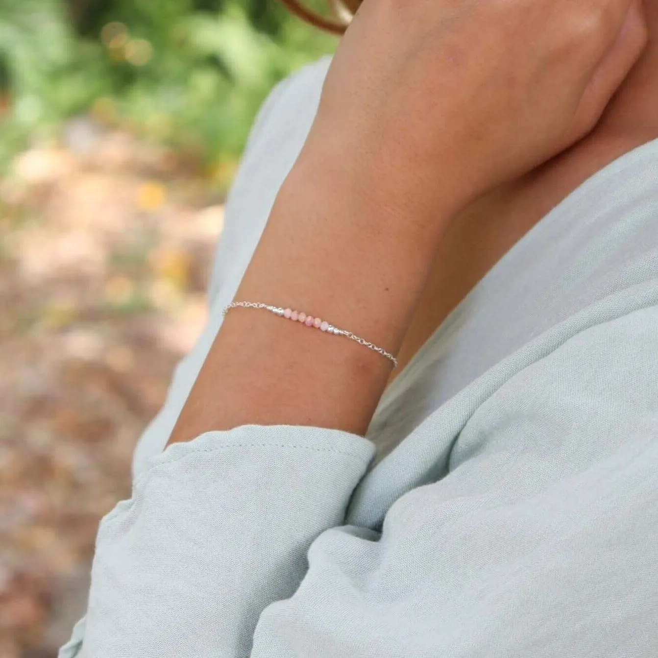 Sparkling Pink Peruvian Opal Gemstone Faceted Bead Bar Bracelet