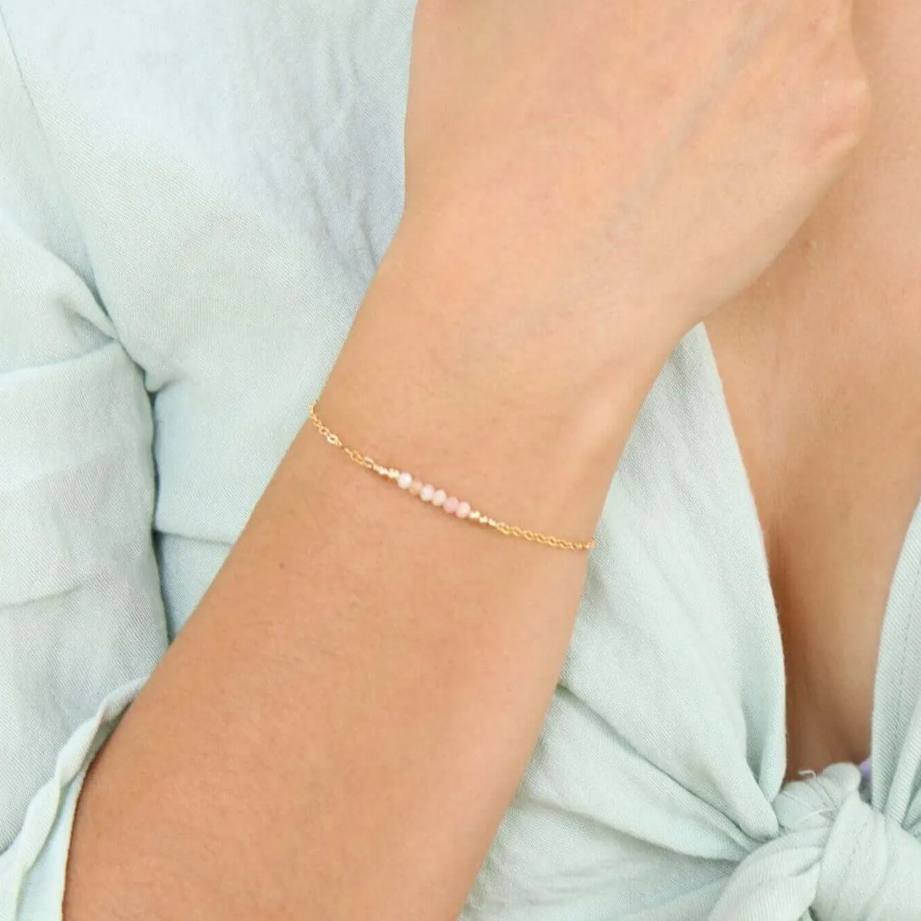 Sparkling Pink Peruvian Opal Gemstone Faceted Bead Bar Bracelet
