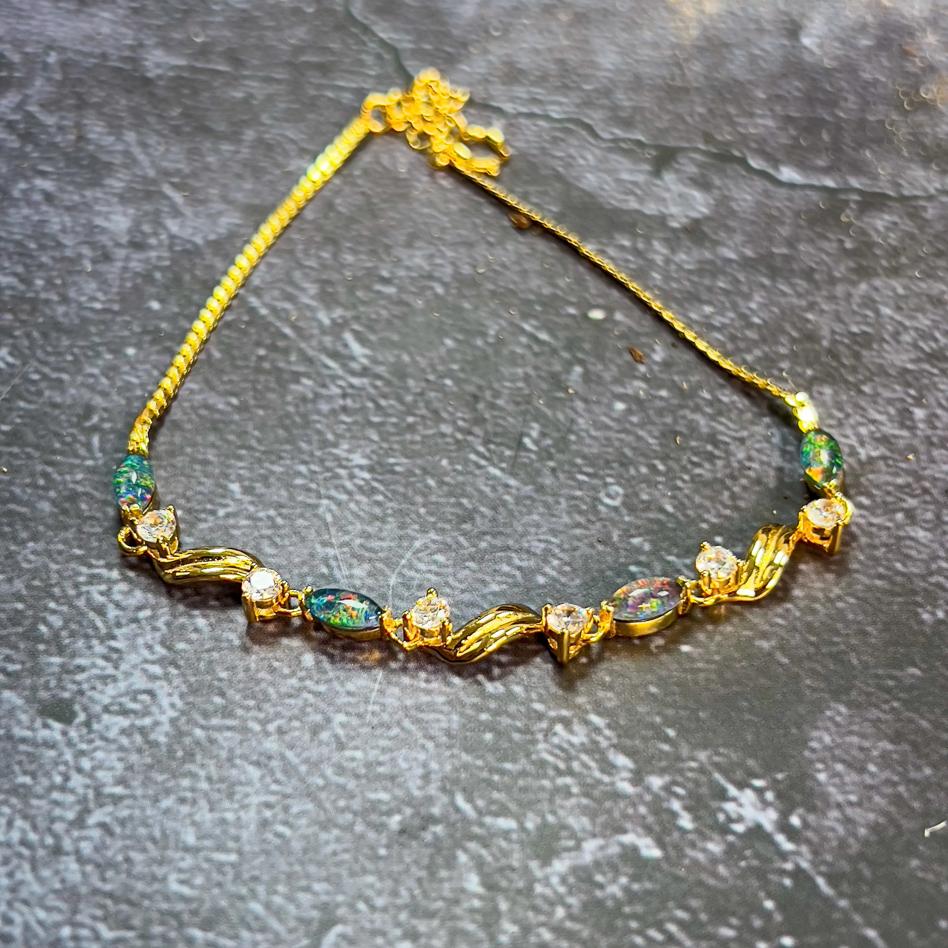 Sterling Silver Gold Plated 6x3mm Opal triplet and cz bracelet