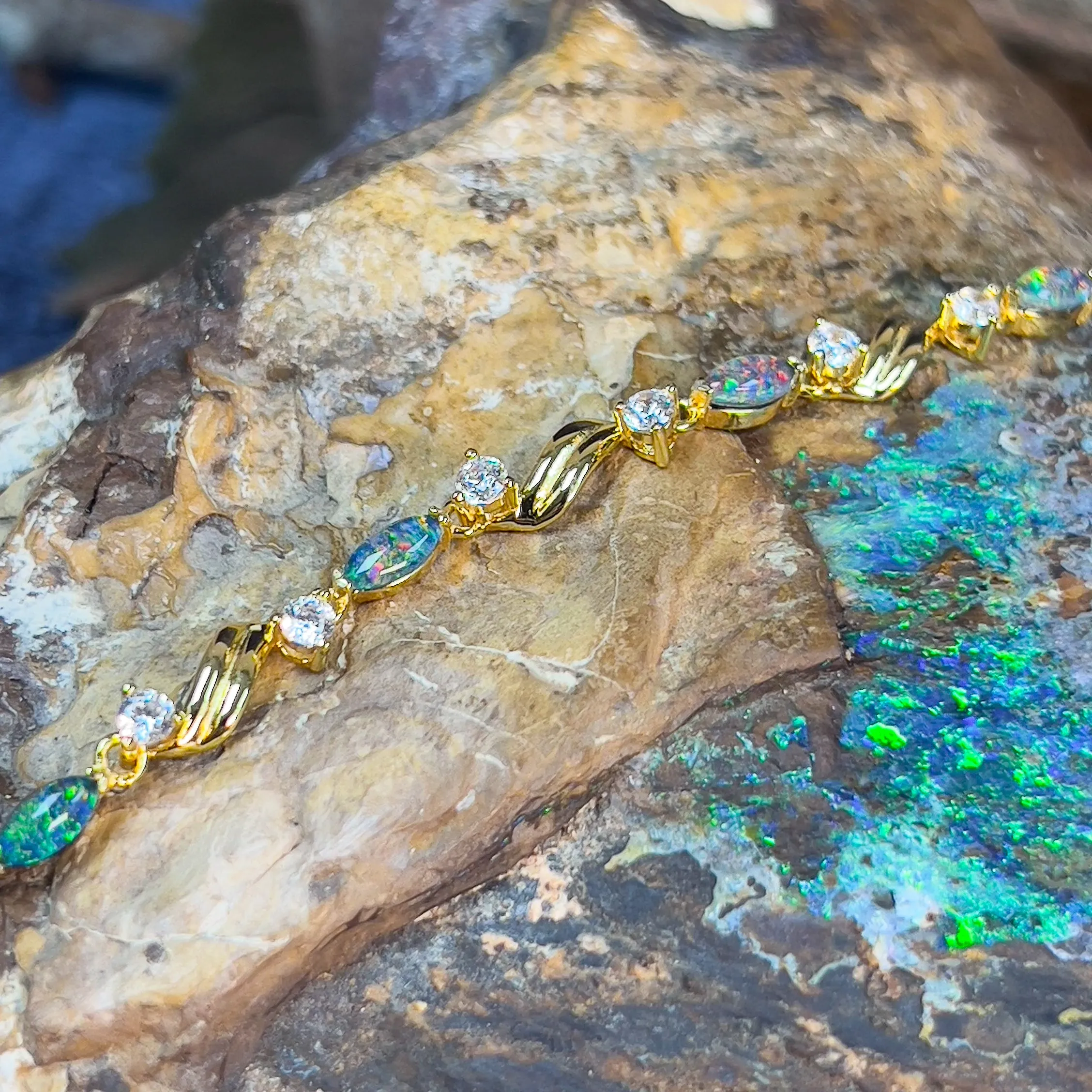 Sterling Silver Gold Plated 6x3mm Opal triplet and cz bracelet