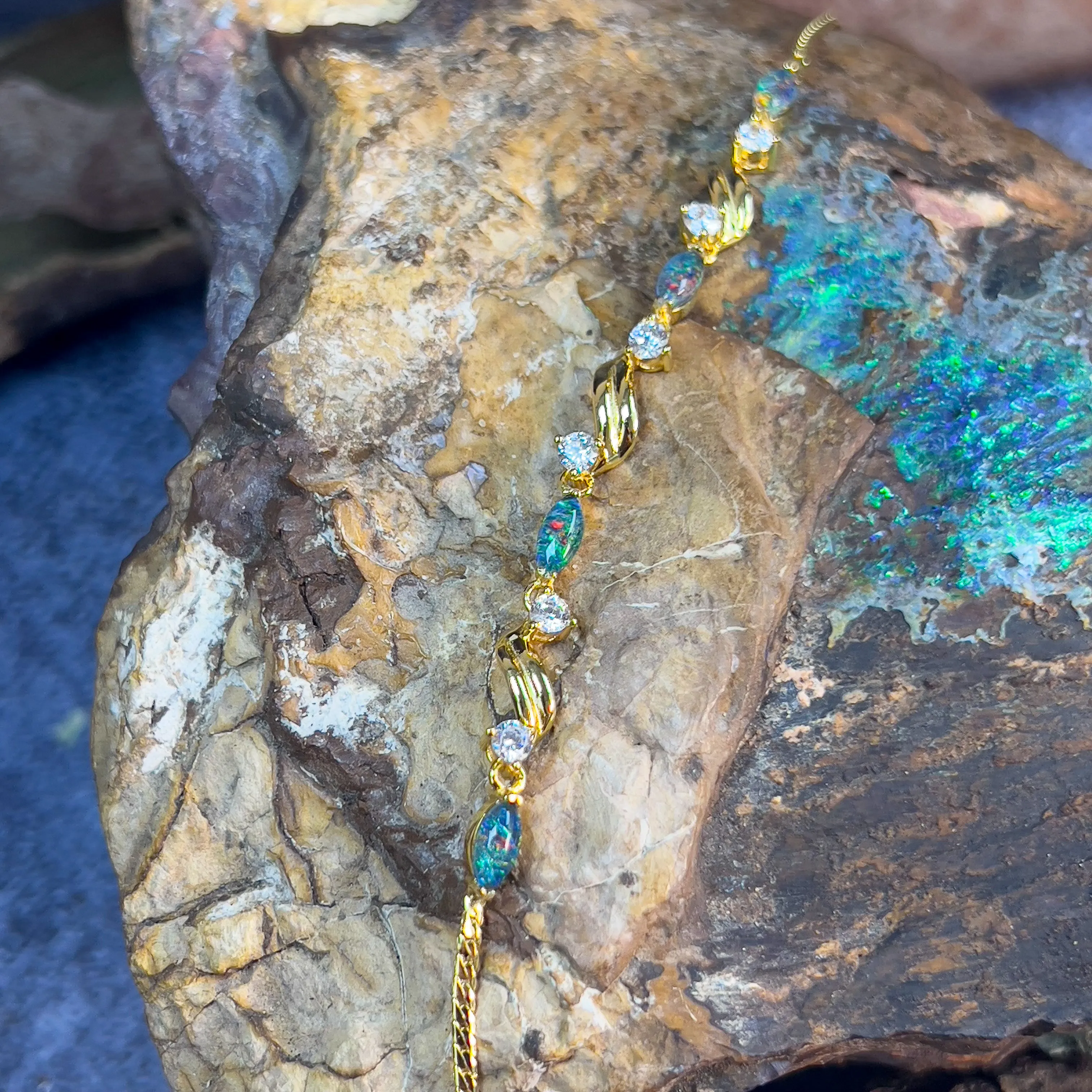 Sterling Silver Gold Plated 6x3mm Opal triplet and cz bracelet