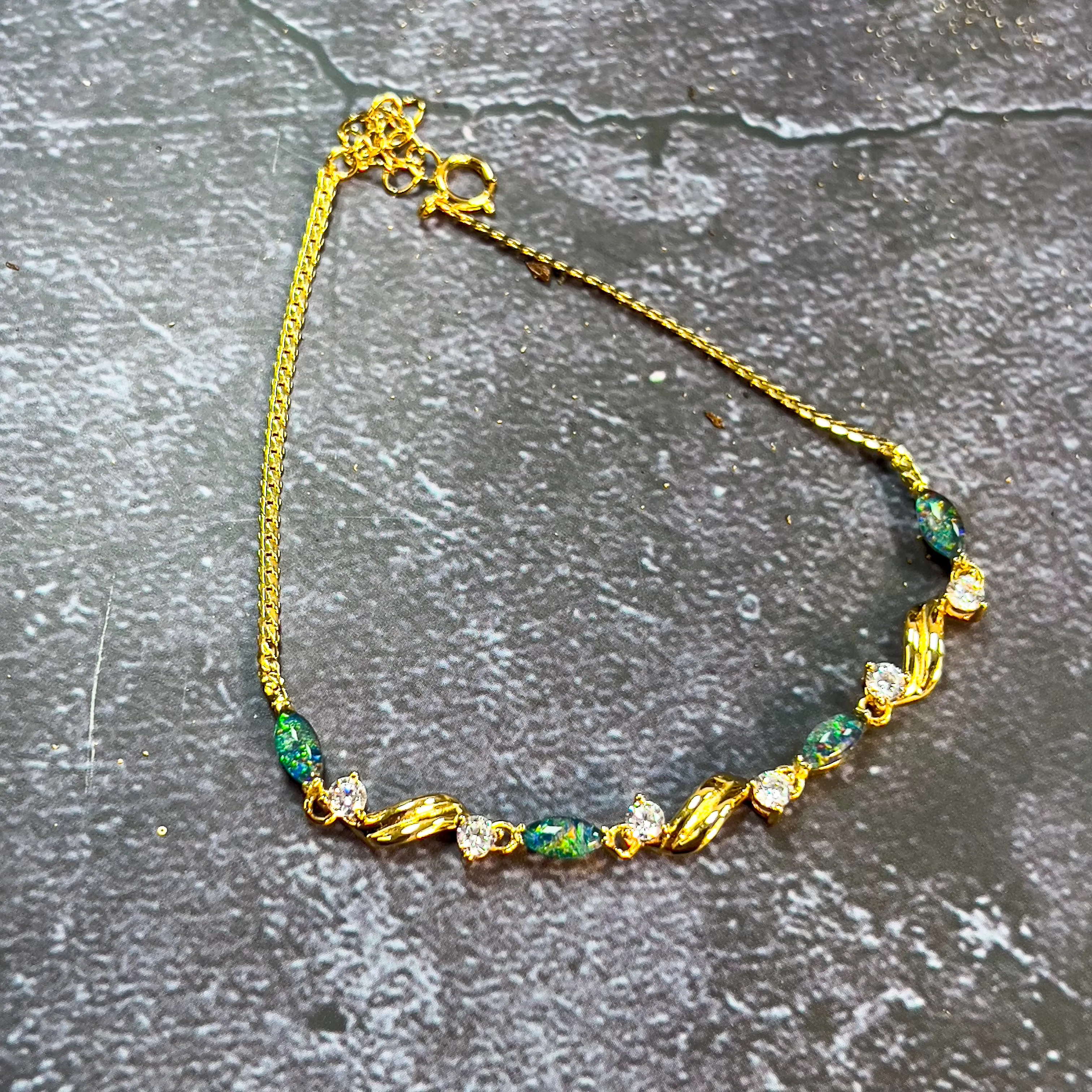 Sterling Silver Gold Plated 6x3mm Opal triplet and cz bracelet
