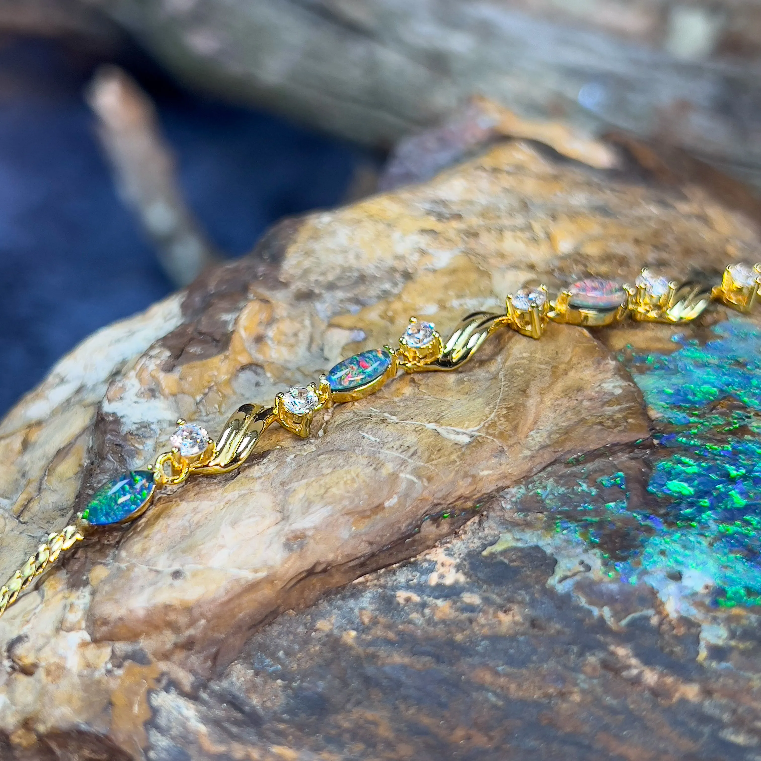 Sterling Silver Gold Plated 6x3mm Opal triplet and cz bracelet