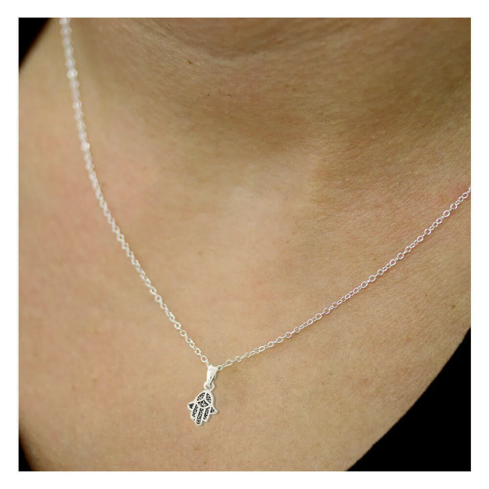 Sterling Silver Hamsa Necklace - Protective Amulet Pendant Jewelry