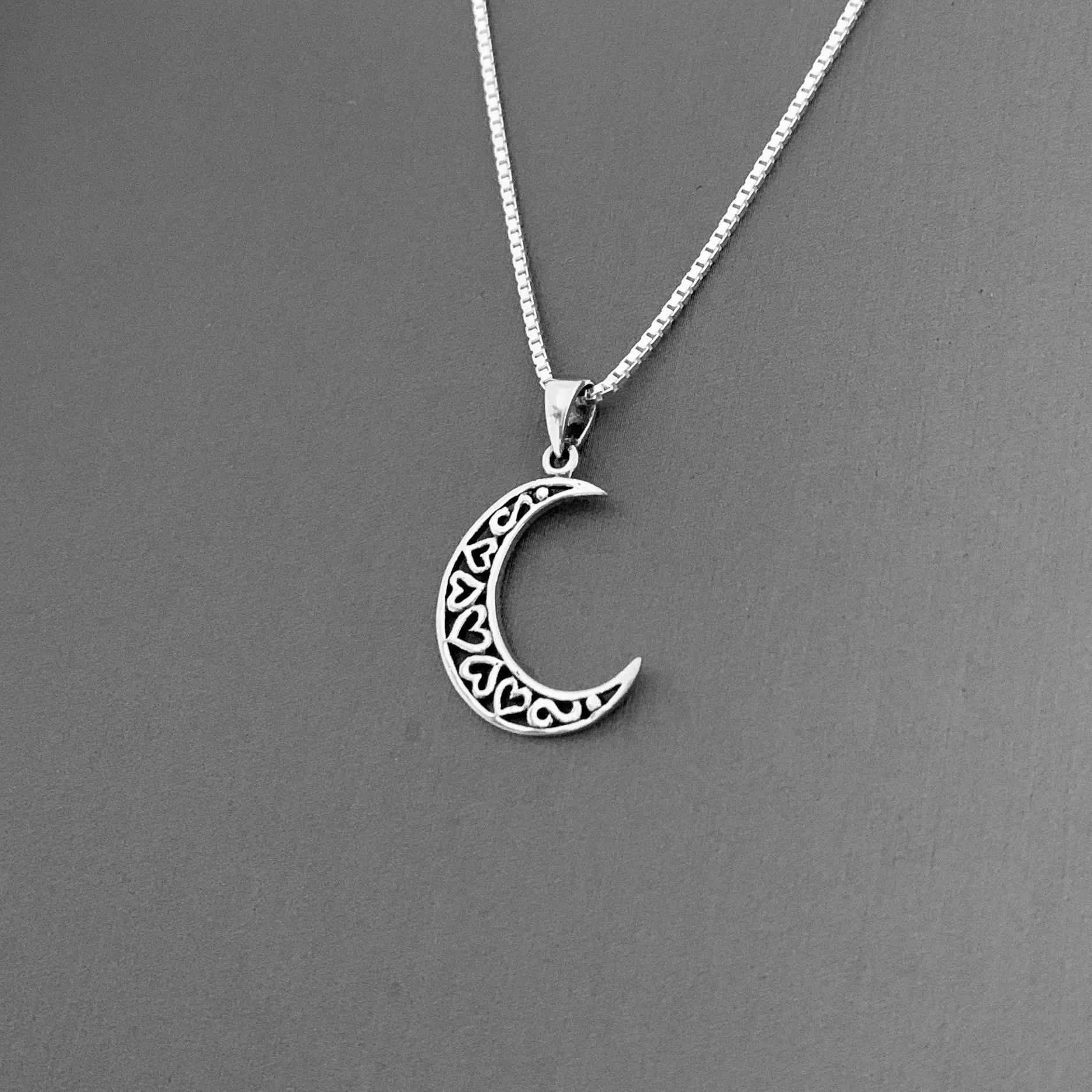 Sterling Silver Heart Crescent Moon Necklace, Moon Necklace, Celestial Necklace, Heart Necklace