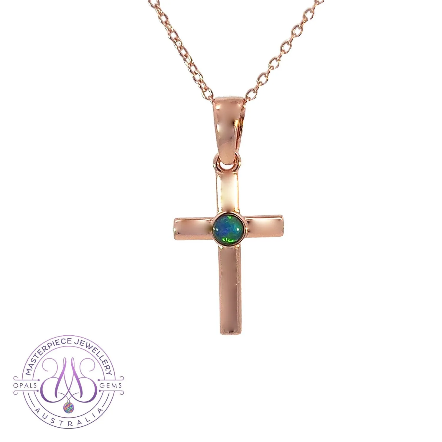 Sterling silver plated with Rose Gold Opal triplet 3mm cross