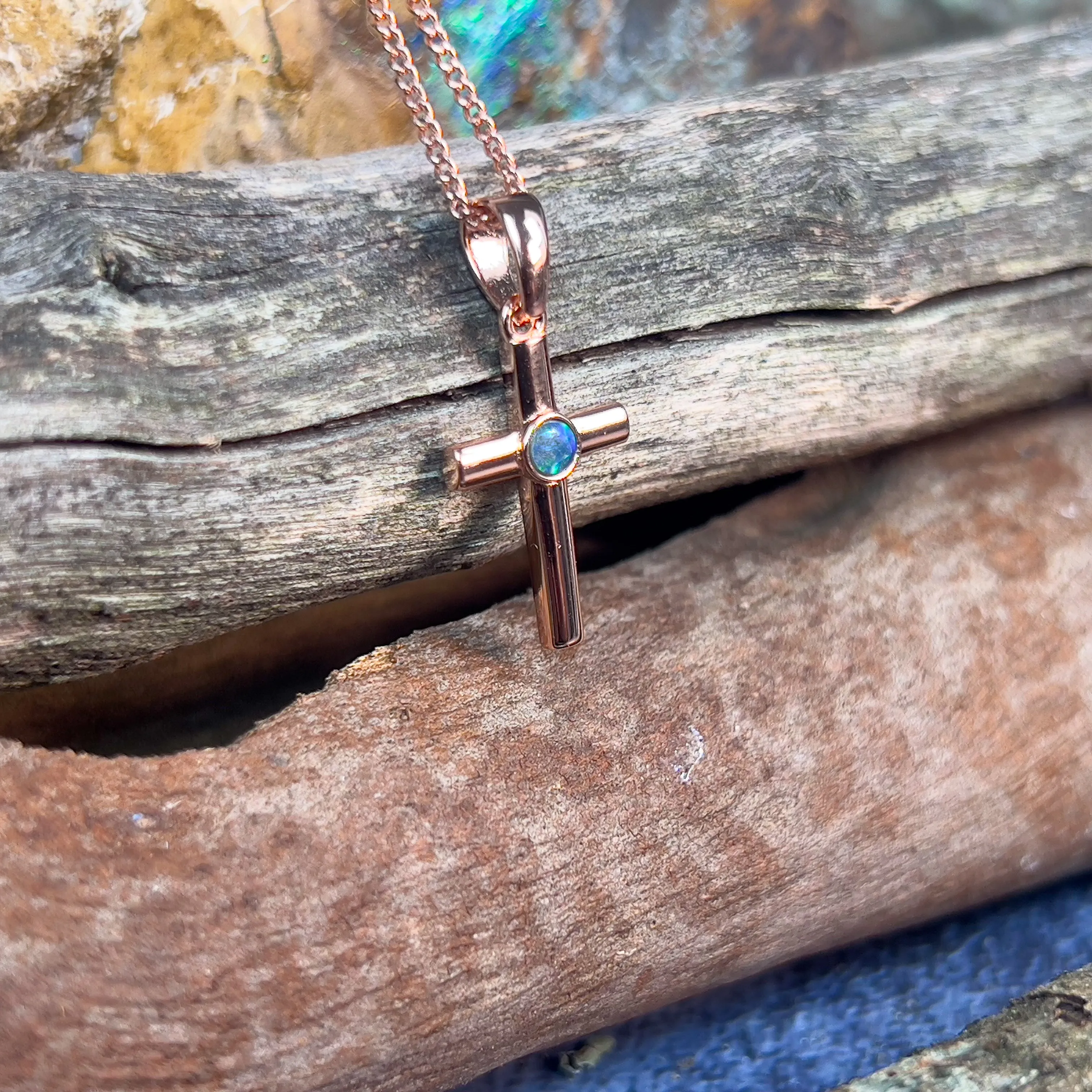 Sterling silver plated with Rose Gold Opal triplet 3mm cross