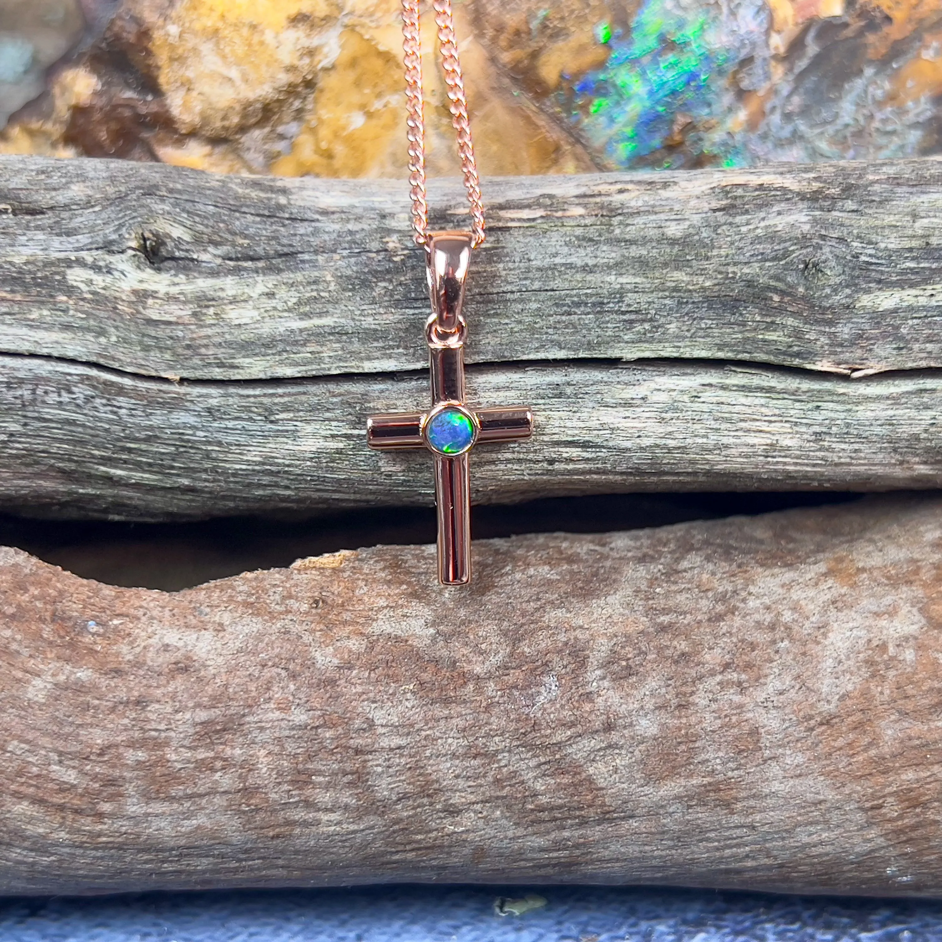 Sterling silver plated with Rose Gold Opal triplet 3mm cross
