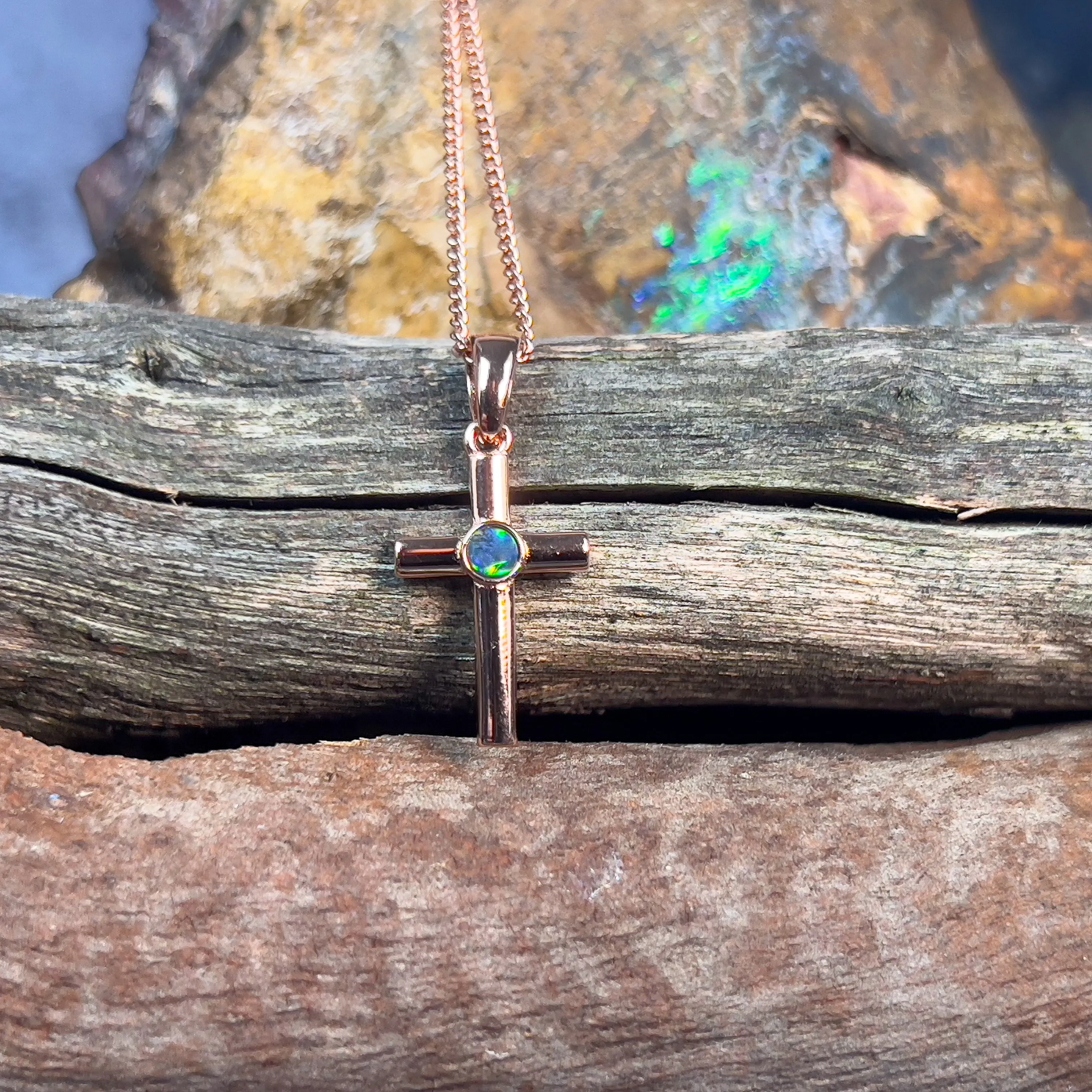 Sterling silver plated with Rose Gold Opal triplet 3mm cross
