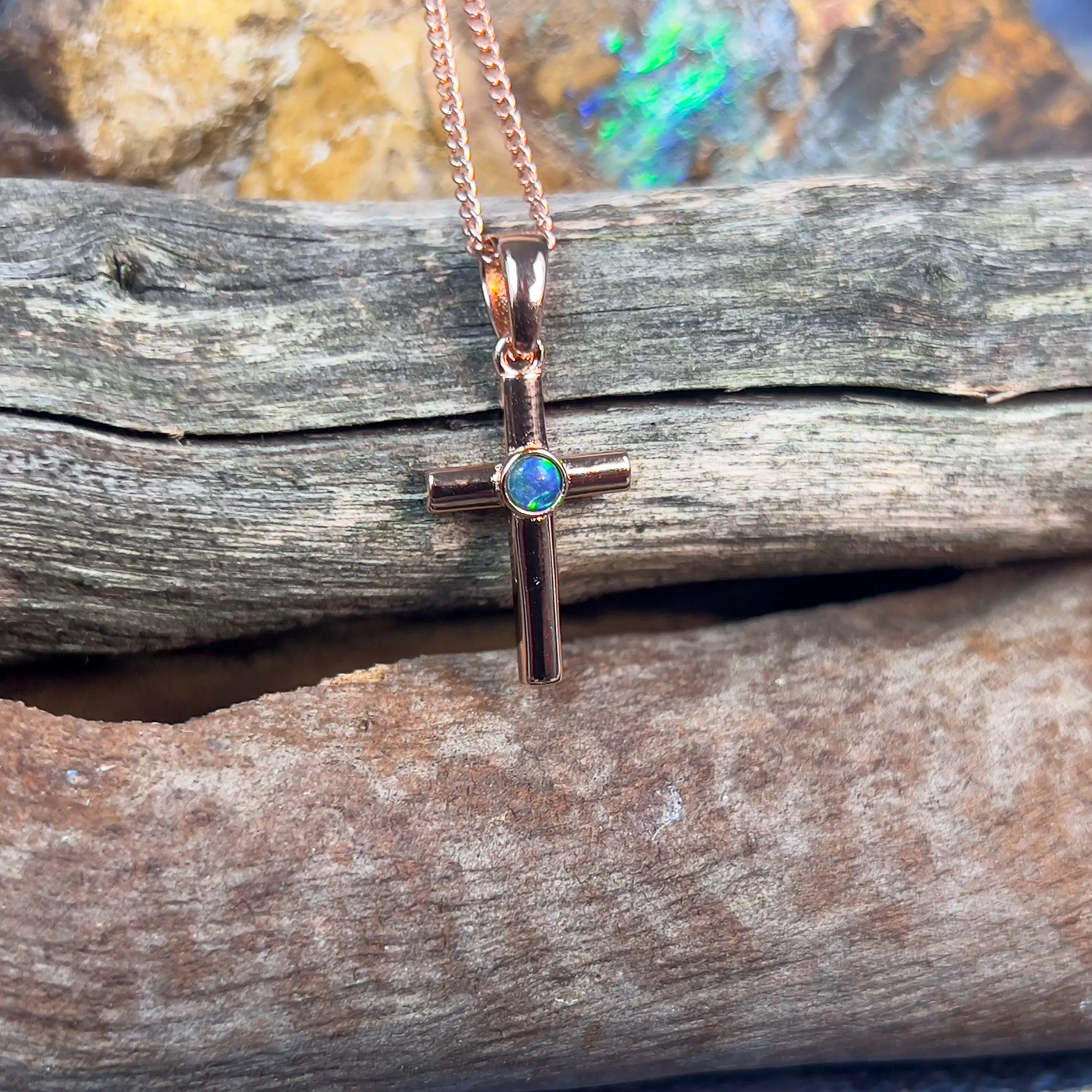 Sterling silver plated with Rose Gold Opal triplet 3mm cross