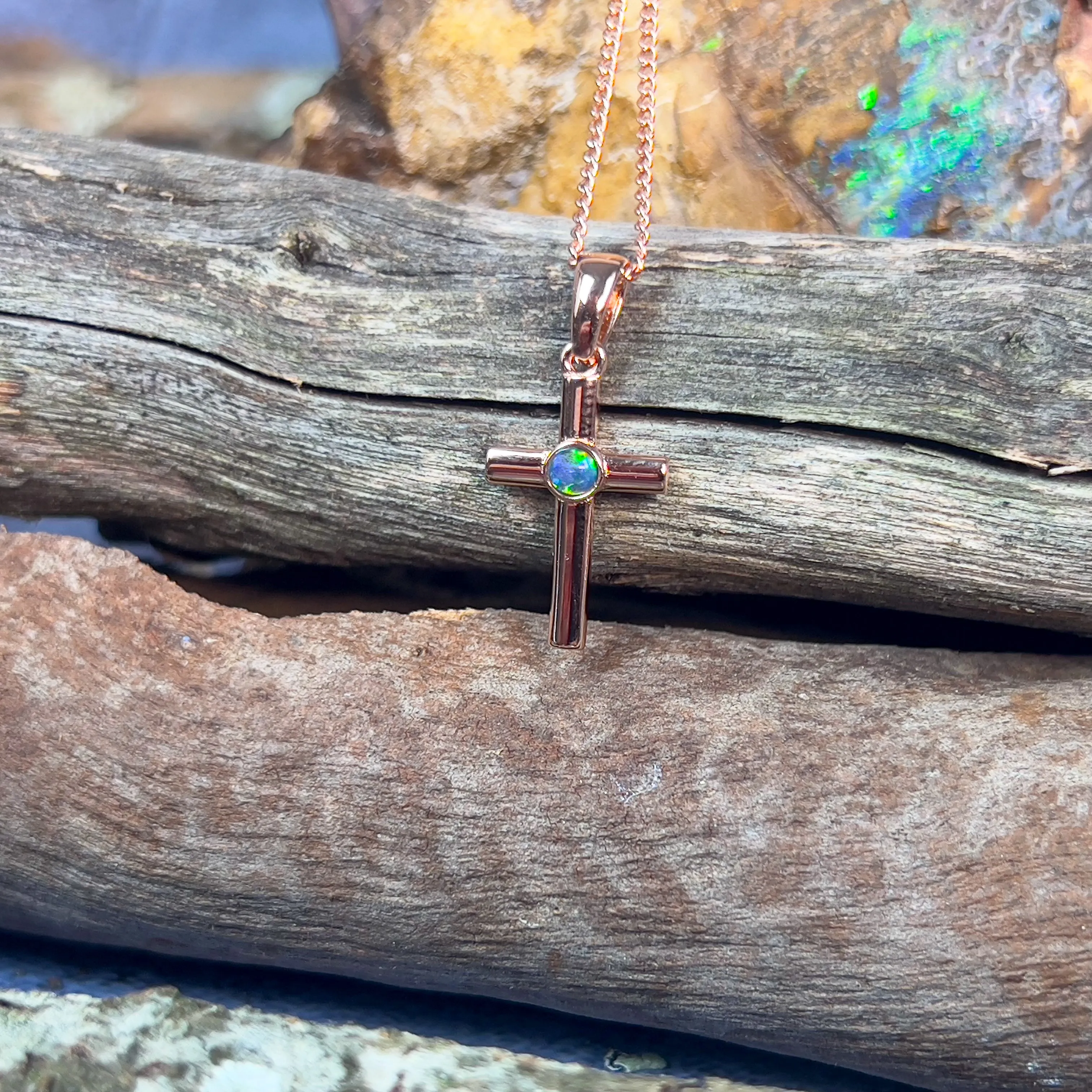 Sterling silver plated with Rose Gold Opal triplet 3mm cross