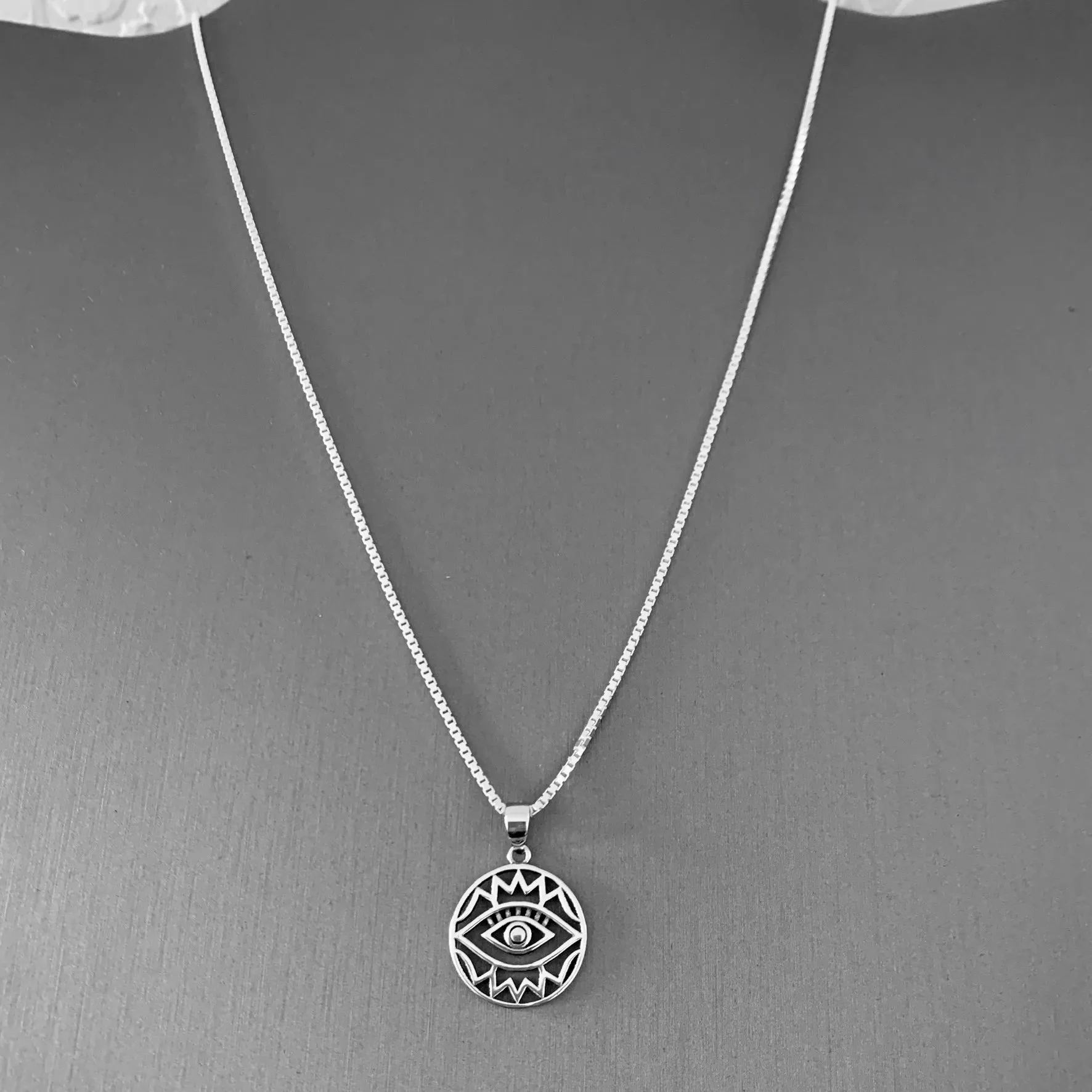 Sterling Silver Religious All Seeing Eye Box Chain Necklace