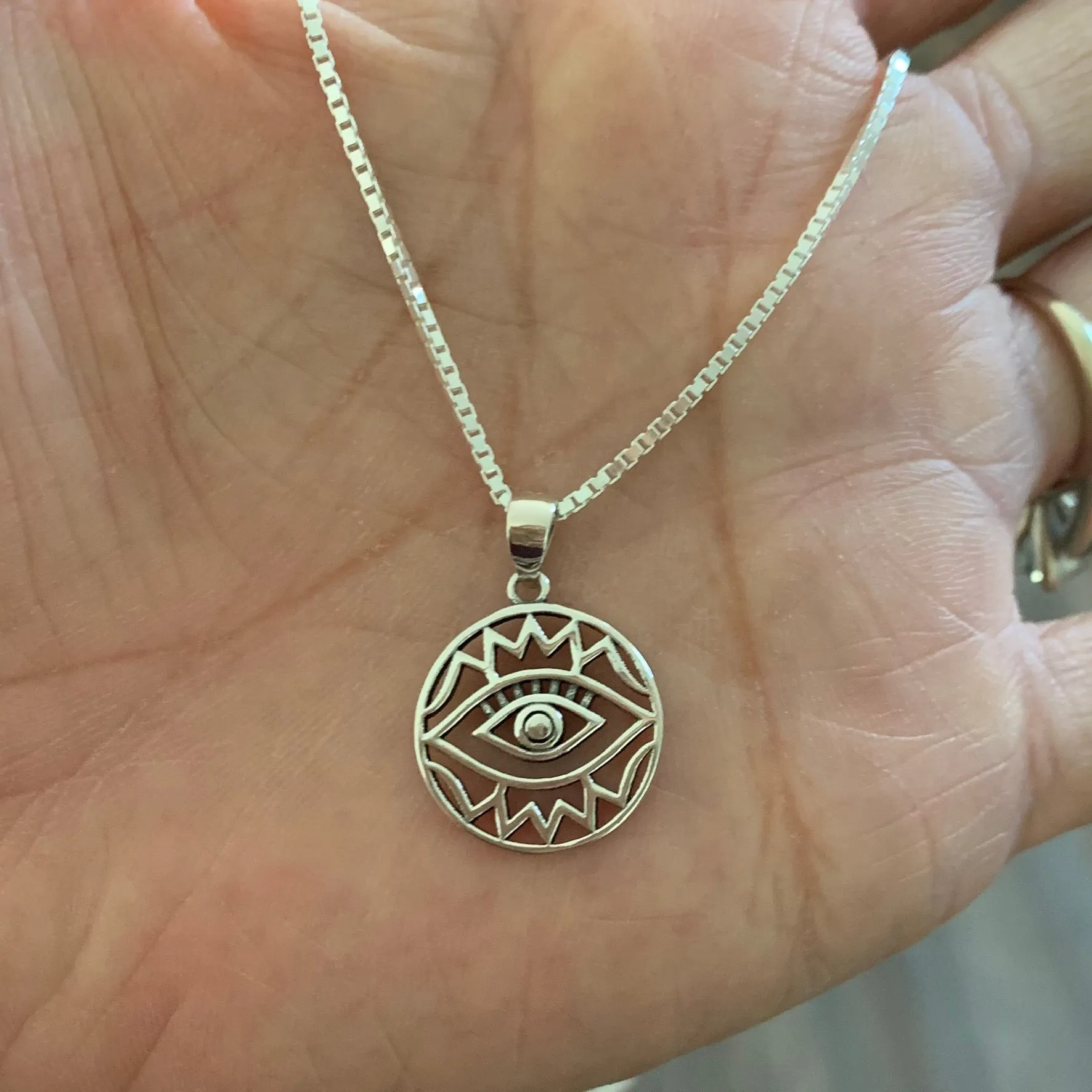 Sterling Silver Religious All Seeing Eye Box Chain Necklace