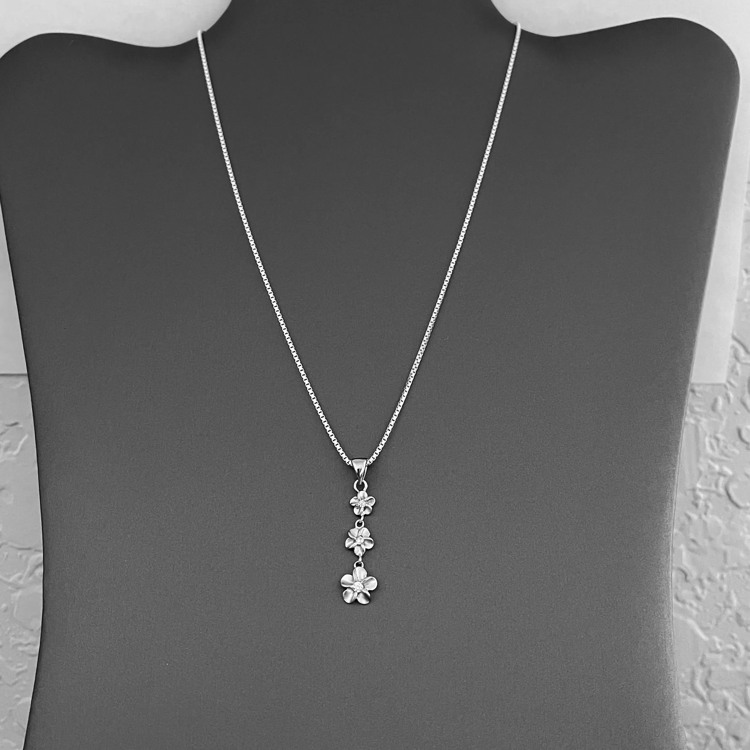 Sterling Silver Triple Plumeria Necklace with CZ, Silver Necklace, Flower Necklace,