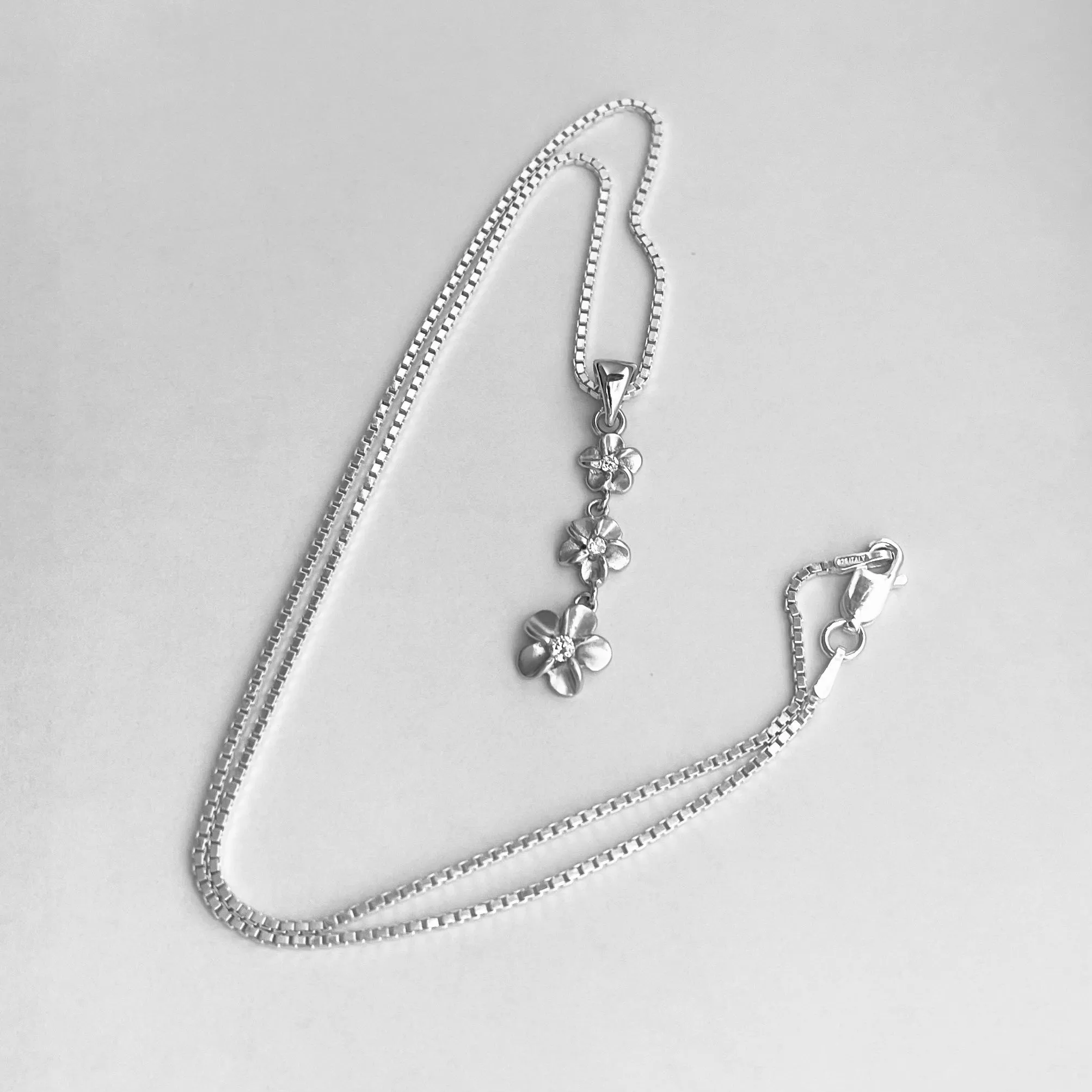 Sterling Silver Triple Plumeria Necklace with CZ, Silver Necklace, Flower Necklace,