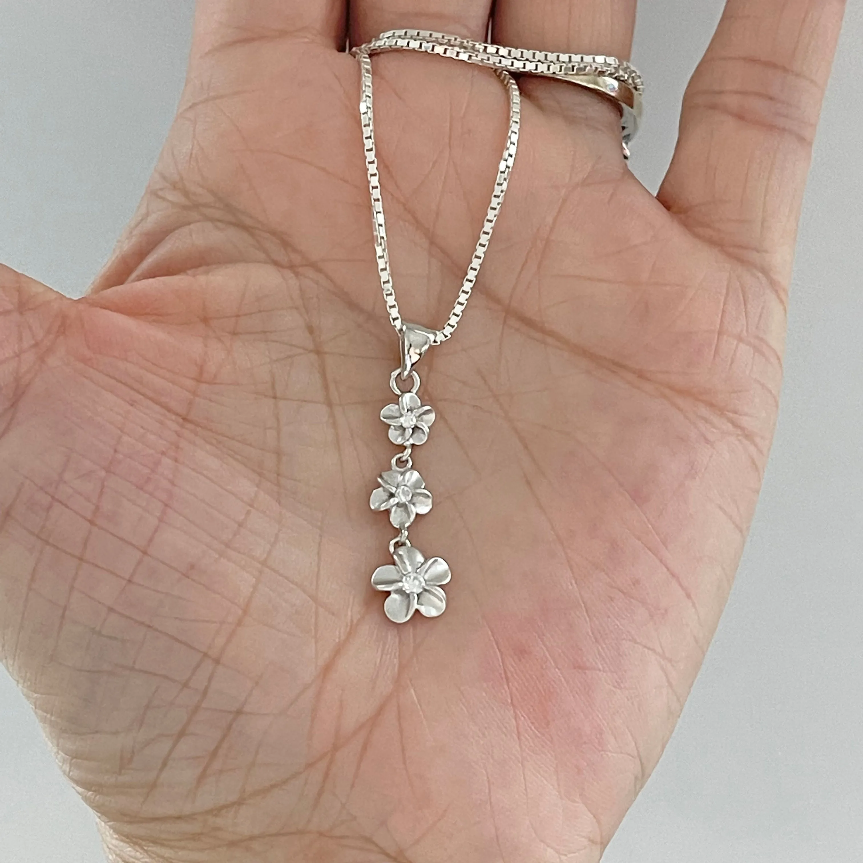 Sterling Silver Triple Plumeria Necklace with CZ, Silver Necklace, Flower Necklace,