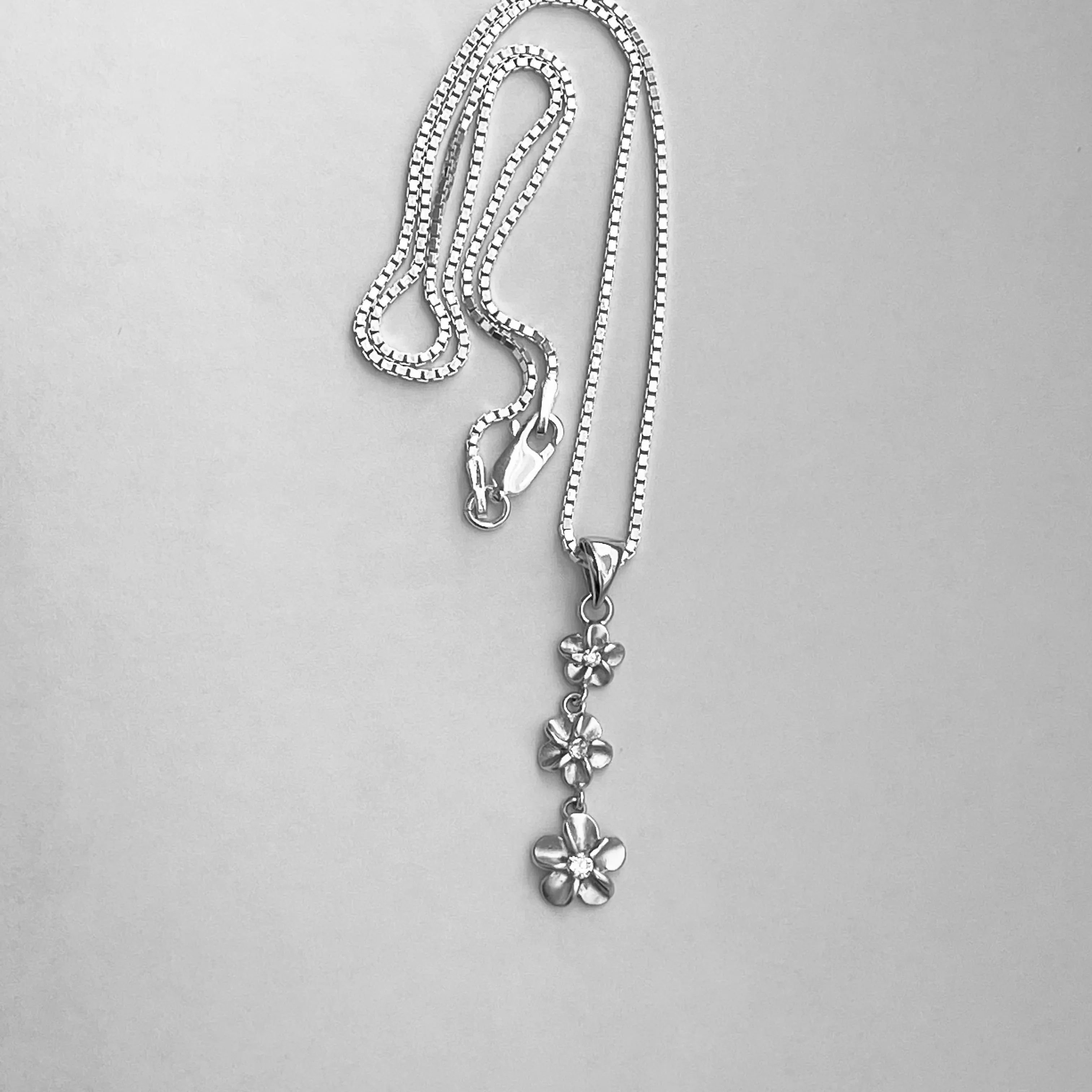 Sterling Silver Triple Plumeria Necklace with CZ, Silver Necklace, Flower Necklace,