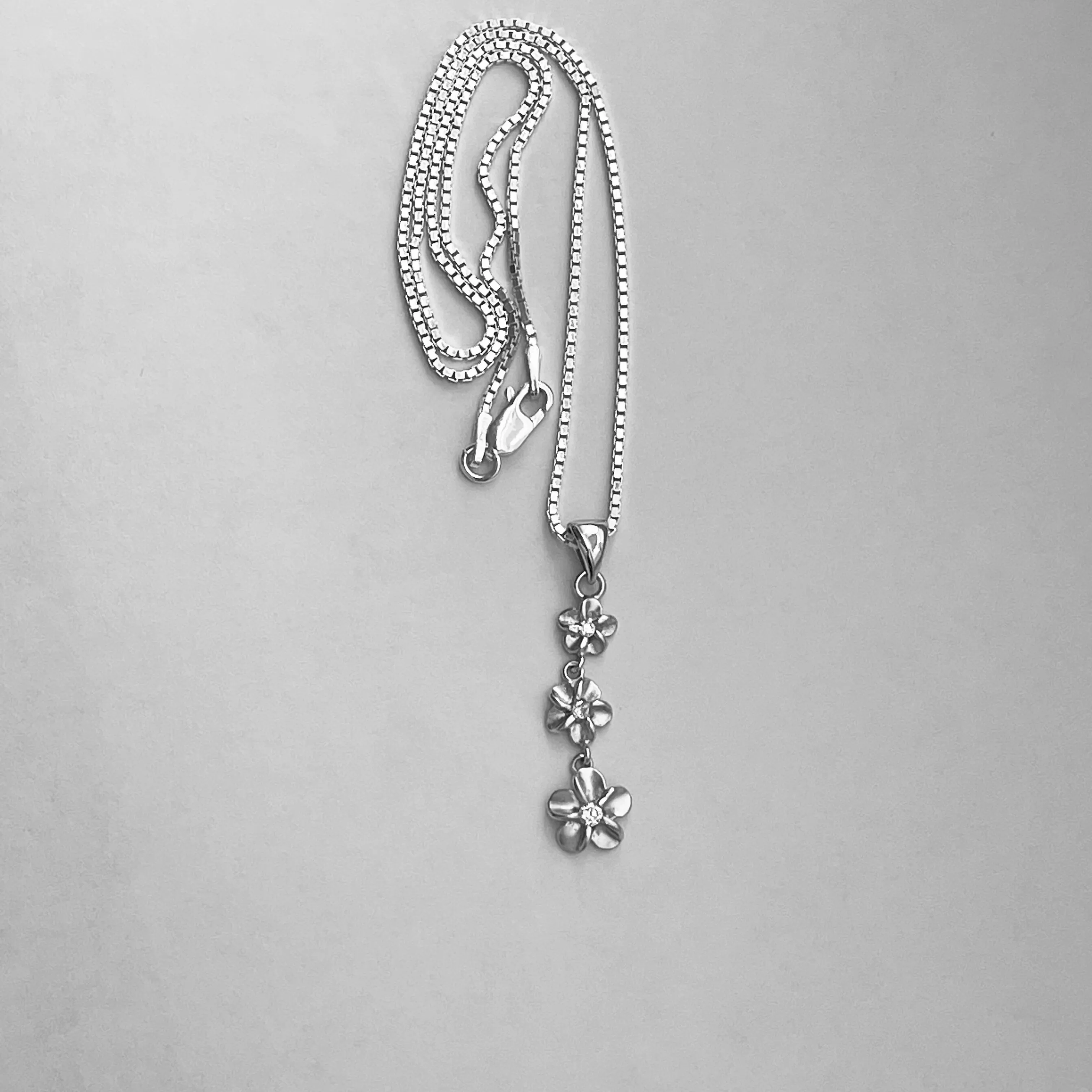Sterling Silver Triple Plumeria Necklace with CZ, Silver Necklace, Flower Necklace,