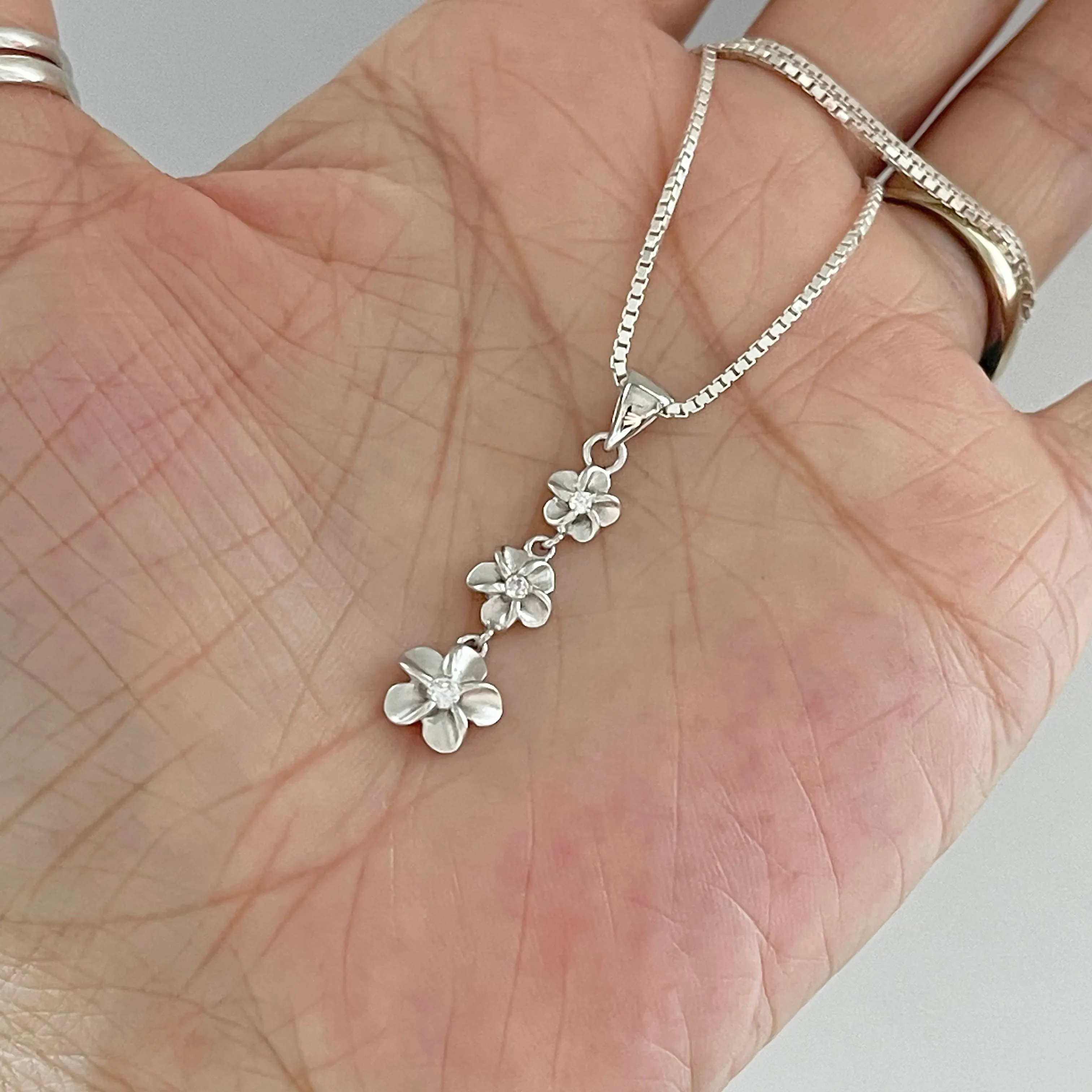 Sterling Silver Triple Plumeria Necklace with CZ, Silver Necklace, Flower Necklace,