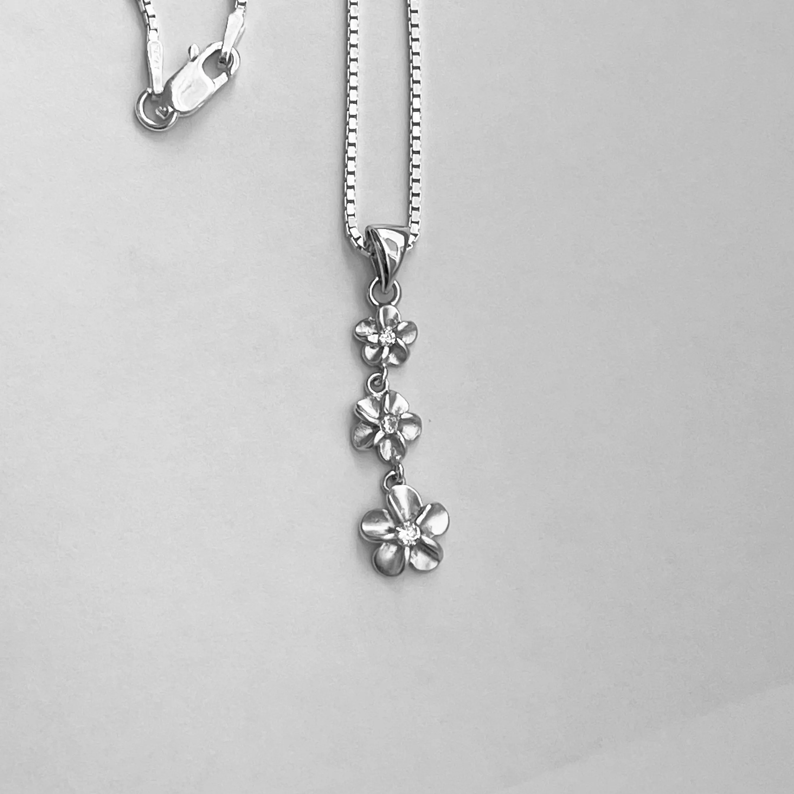 Sterling Silver Triple Plumeria Necklace with CZ, Silver Necklace, Flower Necklace,