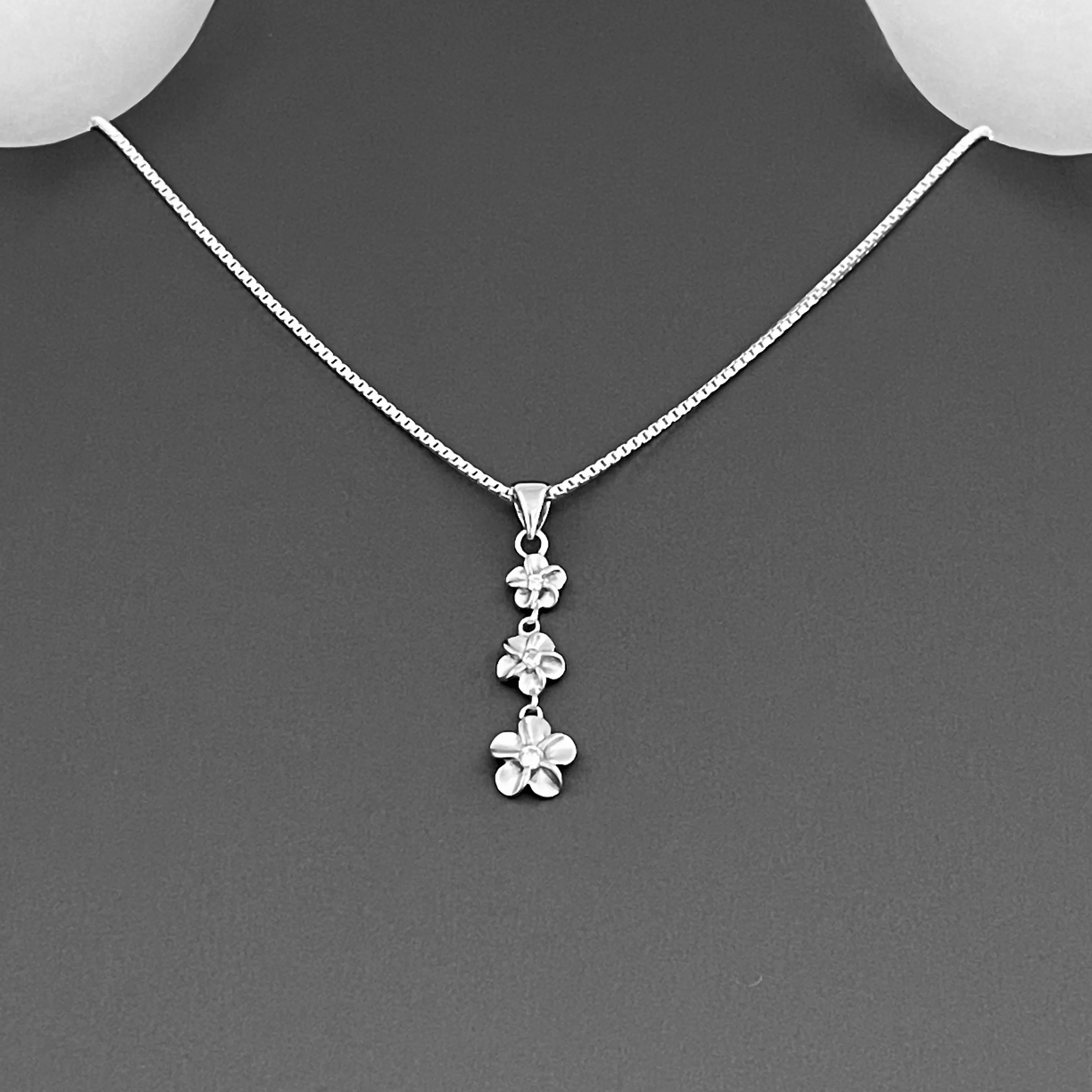 Sterling Silver Triple Plumeria Necklace with CZ, Silver Necklace, Flower Necklace,