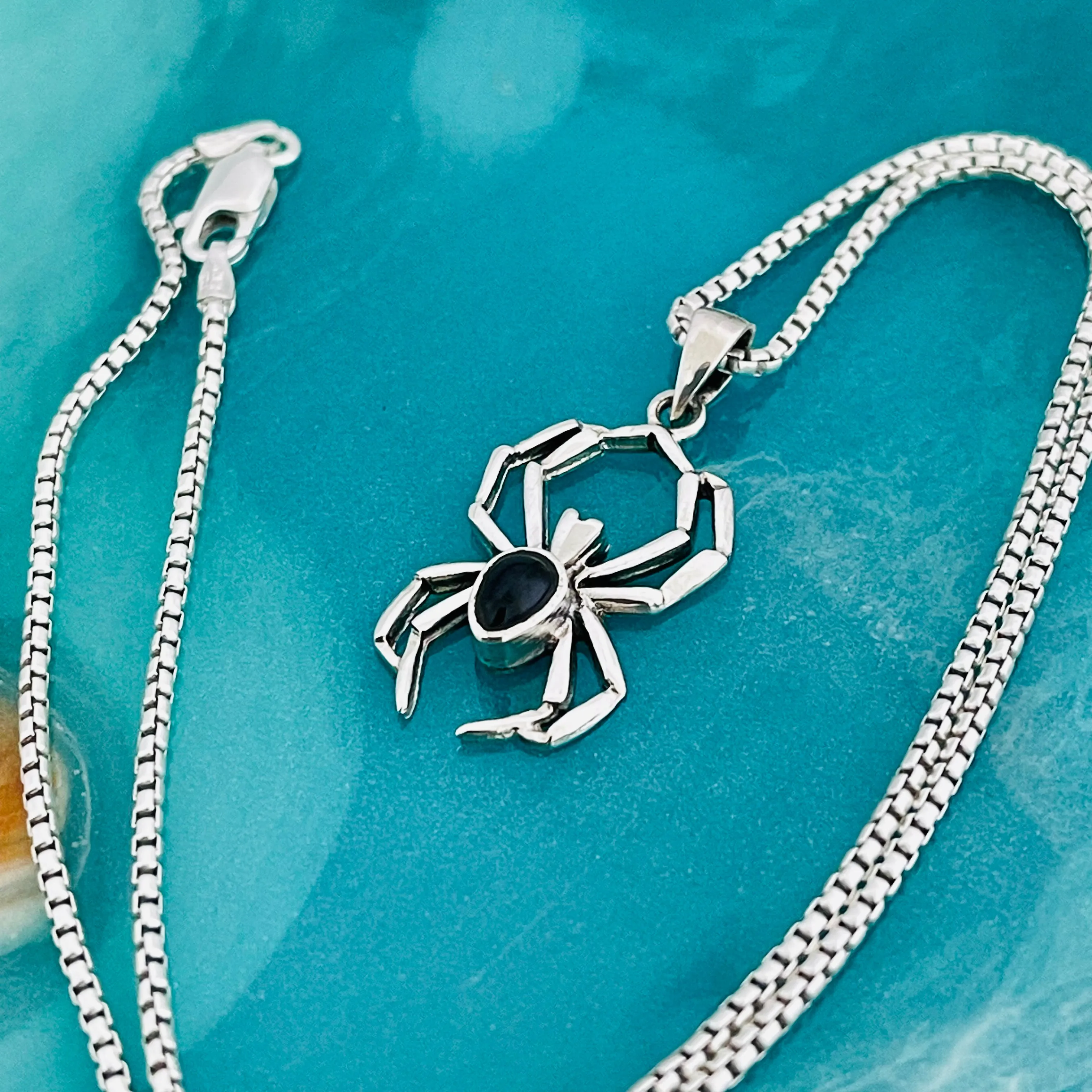Sterling Silver Unisex Black Onyx Spider Necklace, Bug Necklaces, Silver chains