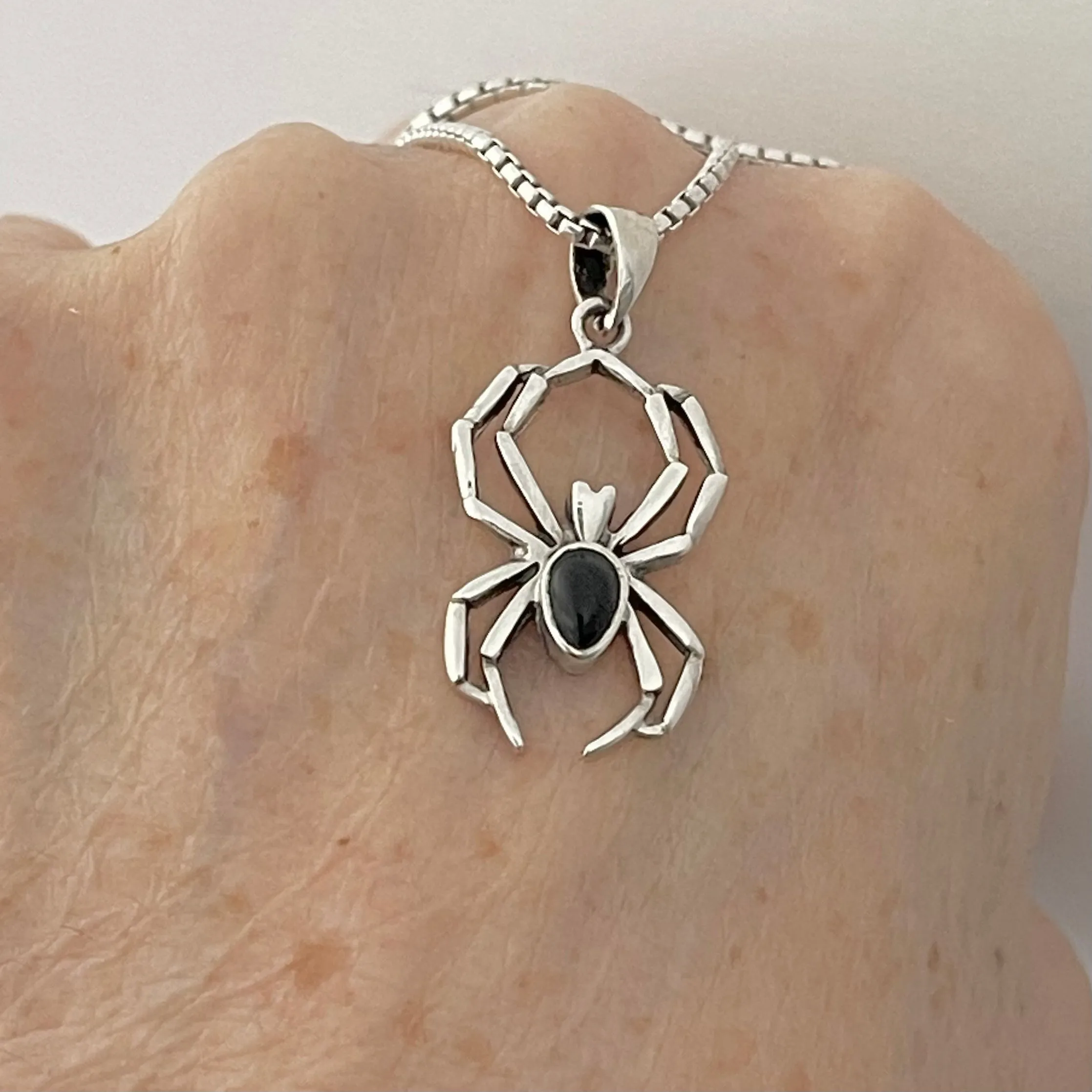 Sterling Silver Unisex Black Onyx Spider Necklace, Bug Necklaces, Silver chains