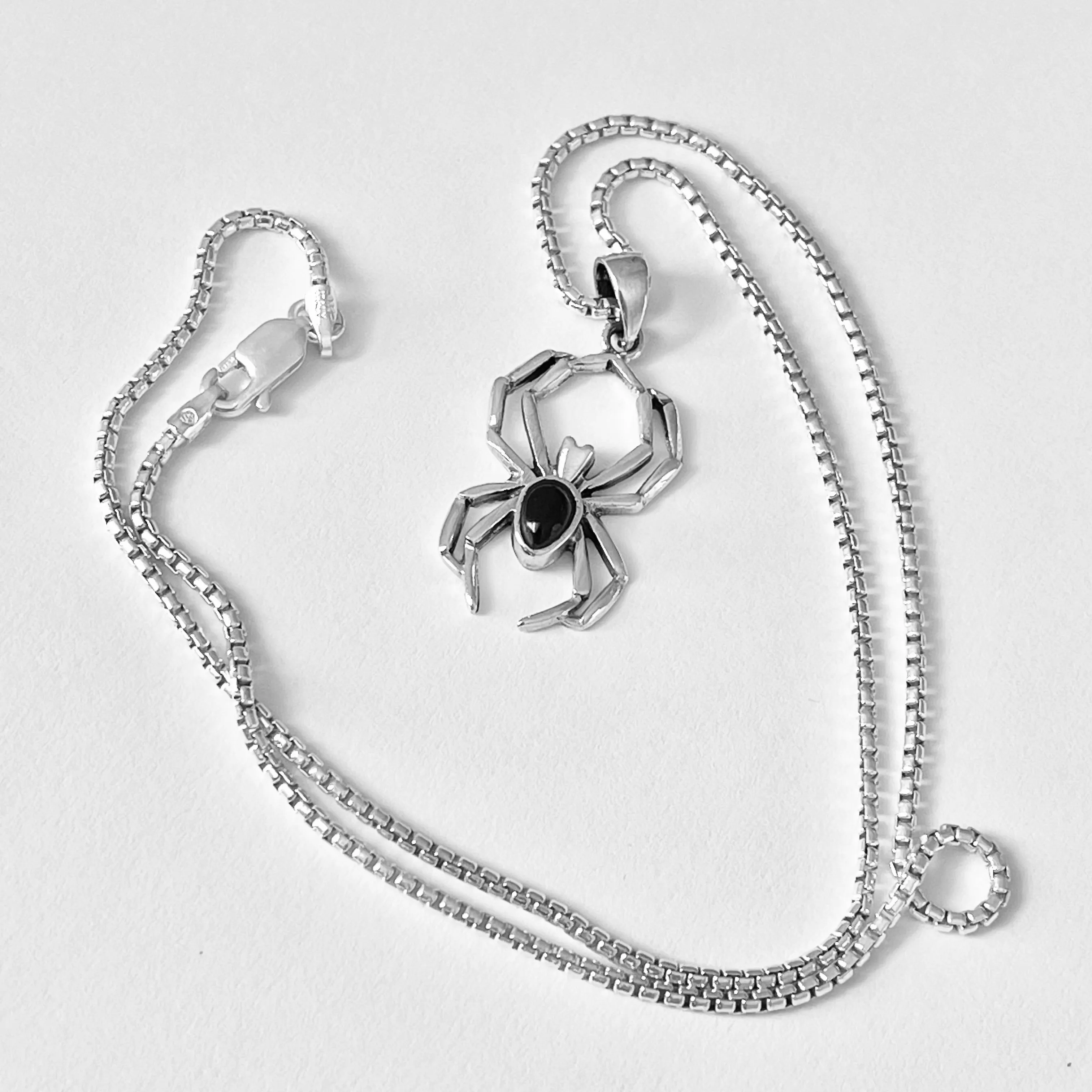 Sterling Silver Unisex Black Onyx Spider Necklace, Bug Necklaces, Silver chains
