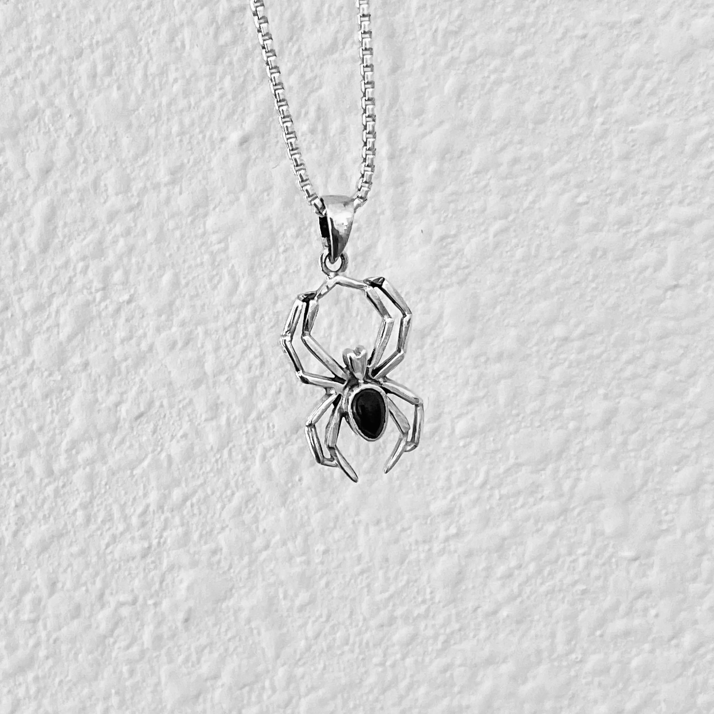 Sterling Silver Unisex Black Onyx Spider Necklace, Bug Necklaces, Silver chains