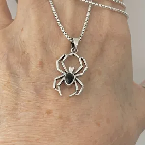 Sterling Silver Unisex Black Onyx Spider Necklace, Bug Necklaces, Silver chains