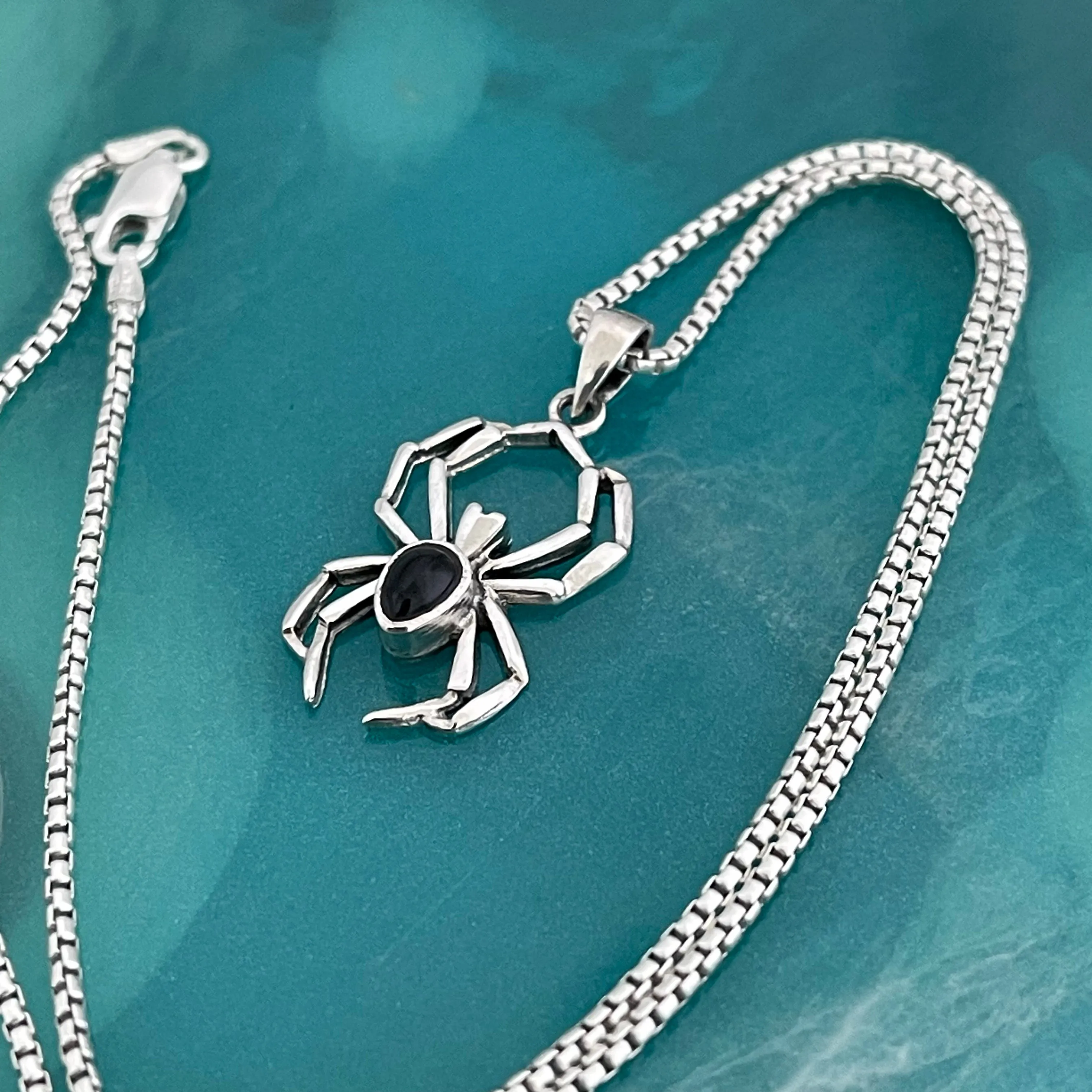 Sterling Silver Unisex Black Onyx Spider Necklace, Bug Necklaces, Silver chains