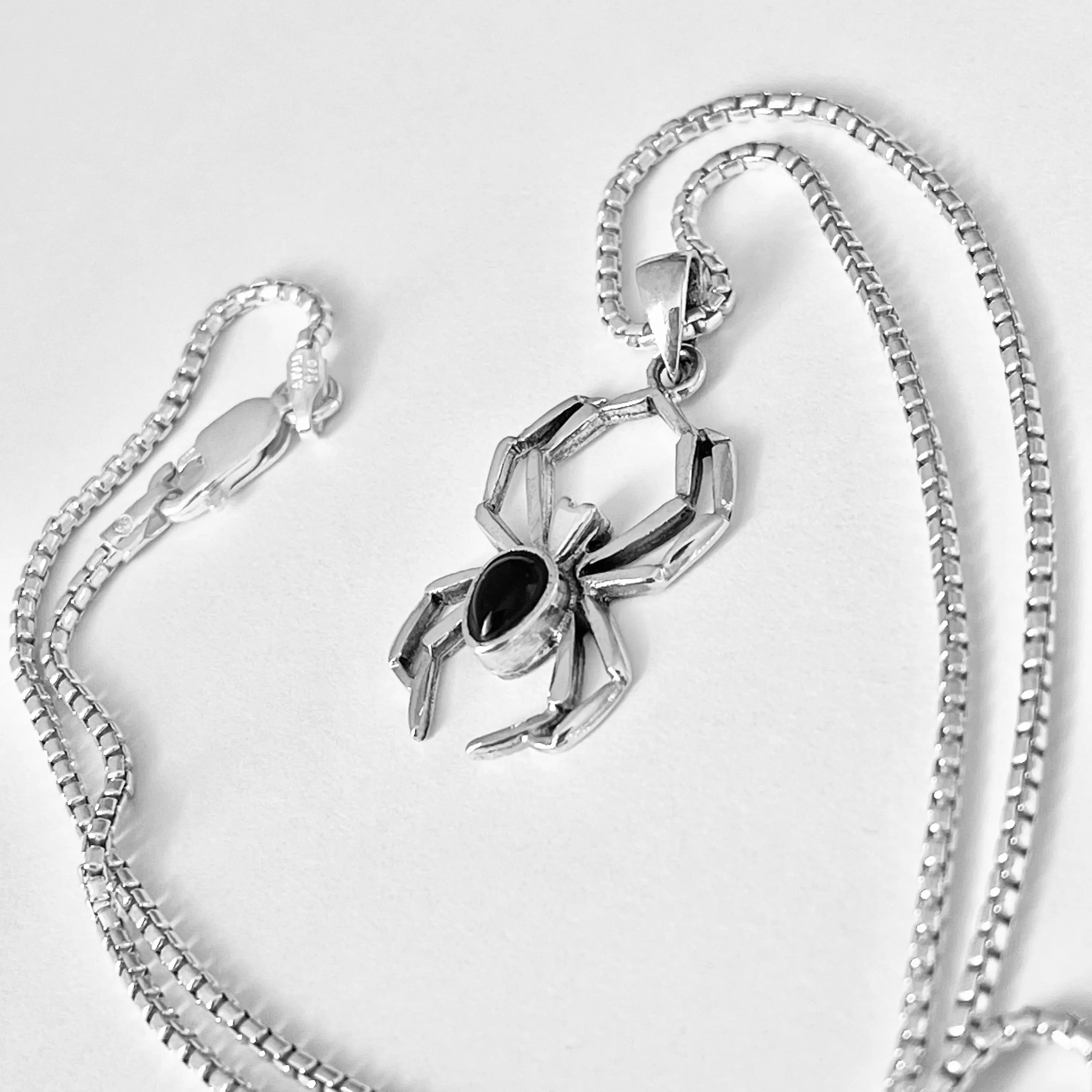Sterling Silver Unisex Black Onyx Spider Necklace, Bug Necklaces, Silver chains