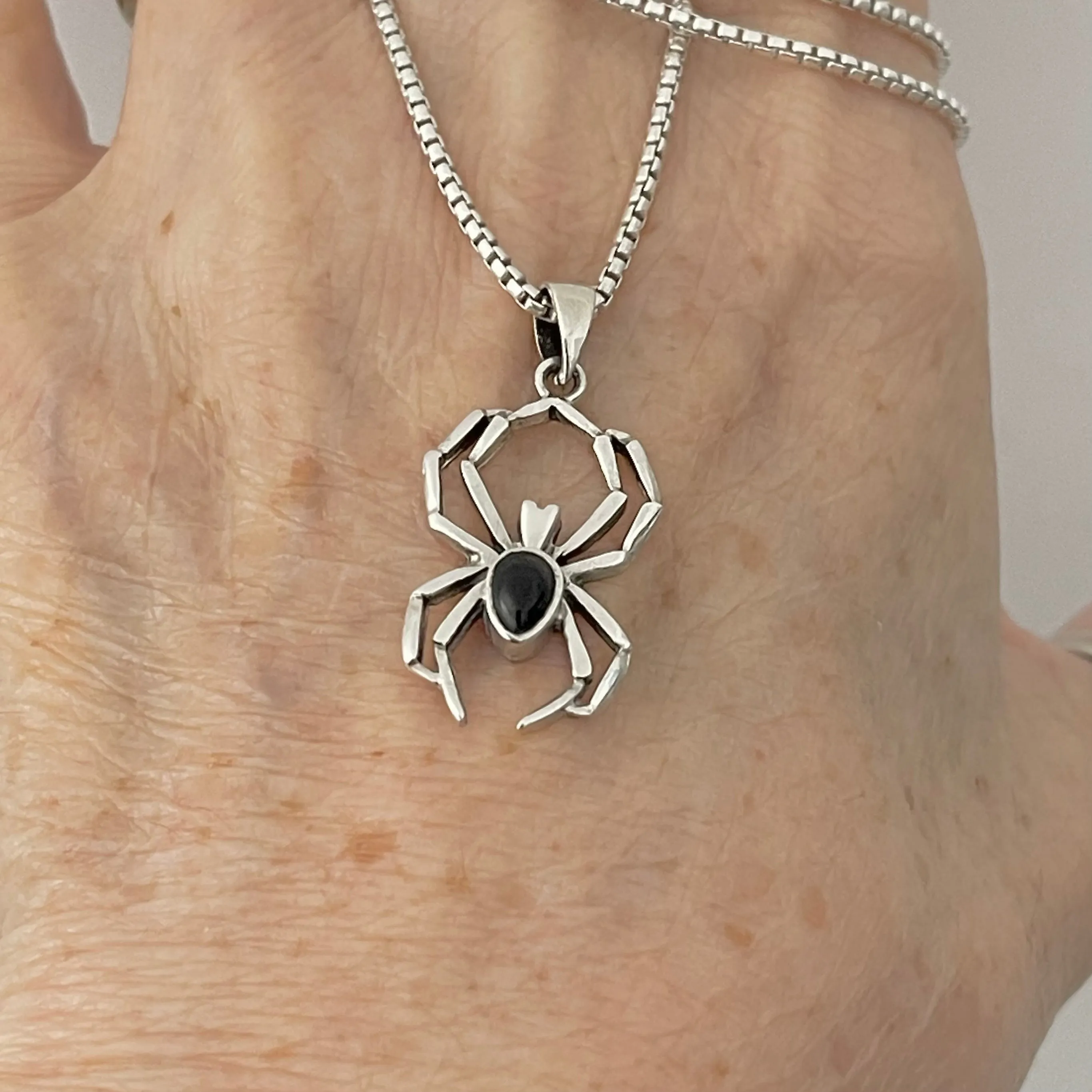 Sterling Silver Unisex Black Onyx Spider Necklace, Bug Necklaces, Silver chains
