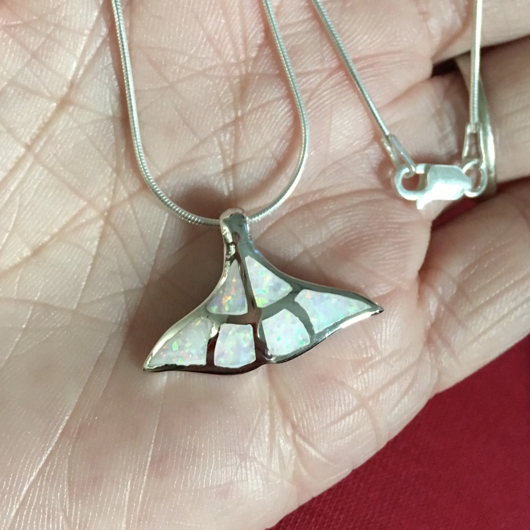 Sterling Silver White Lab Opal Whale Tail Necklace, Silver Necklaces, Fish Necklace