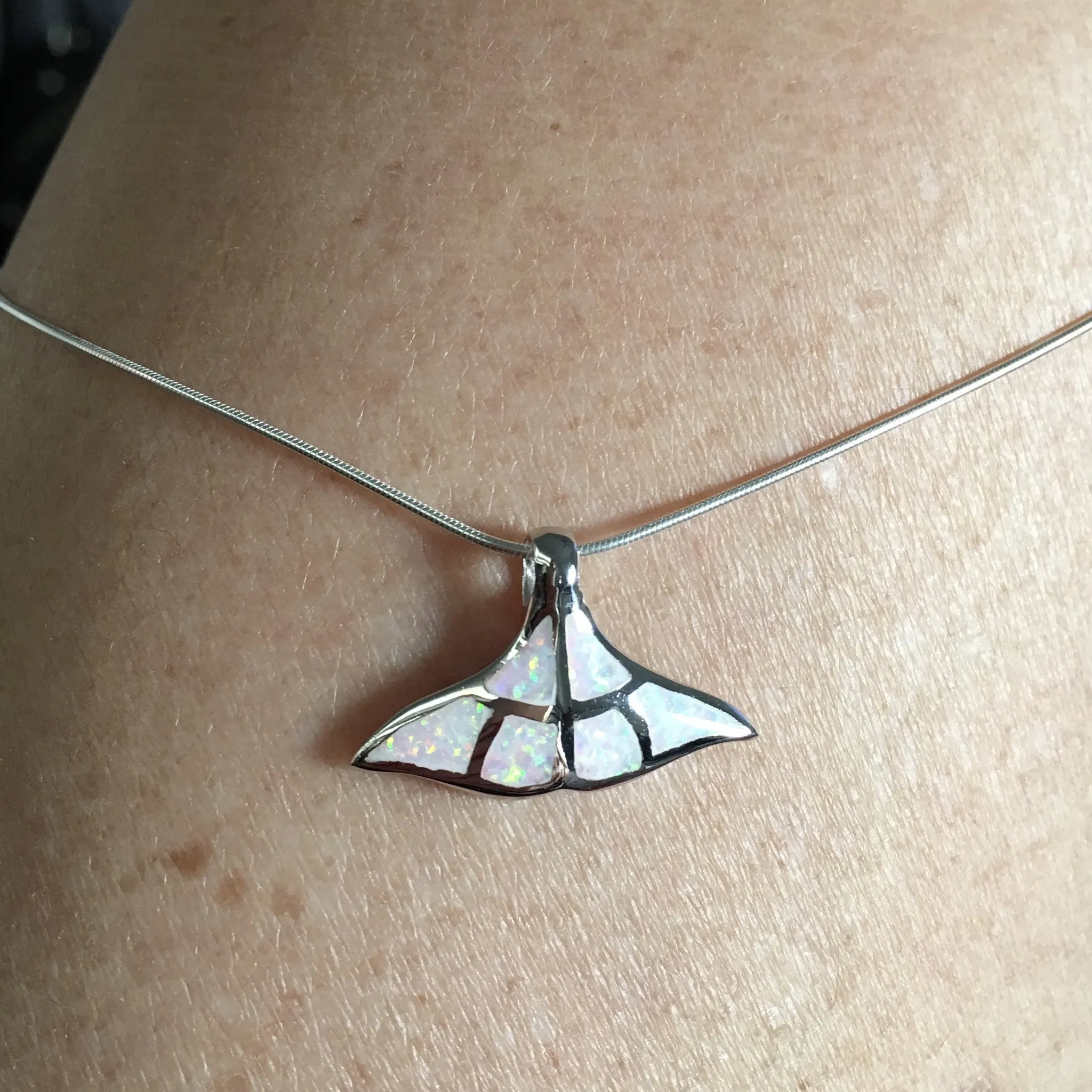 Sterling Silver White Lab Opal Whale Tail Necklace, Silver Necklaces, Fish Necklace