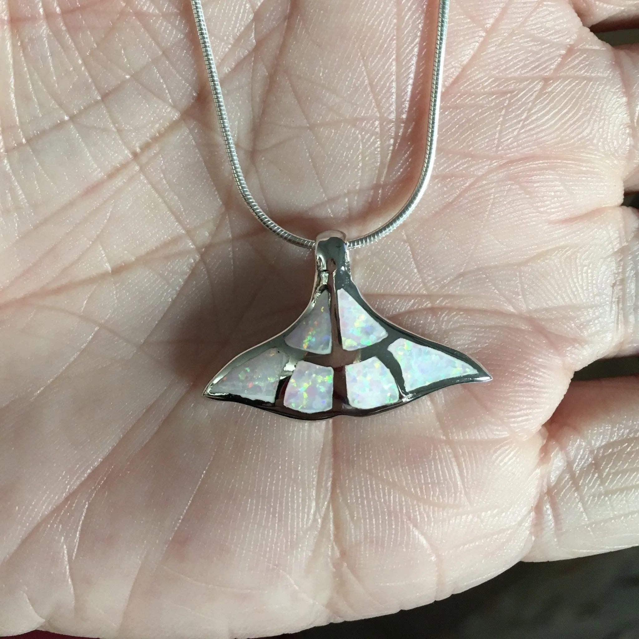 Sterling Silver White Lab Opal Whale Tail Necklace, Silver Necklaces, Fish Necklace