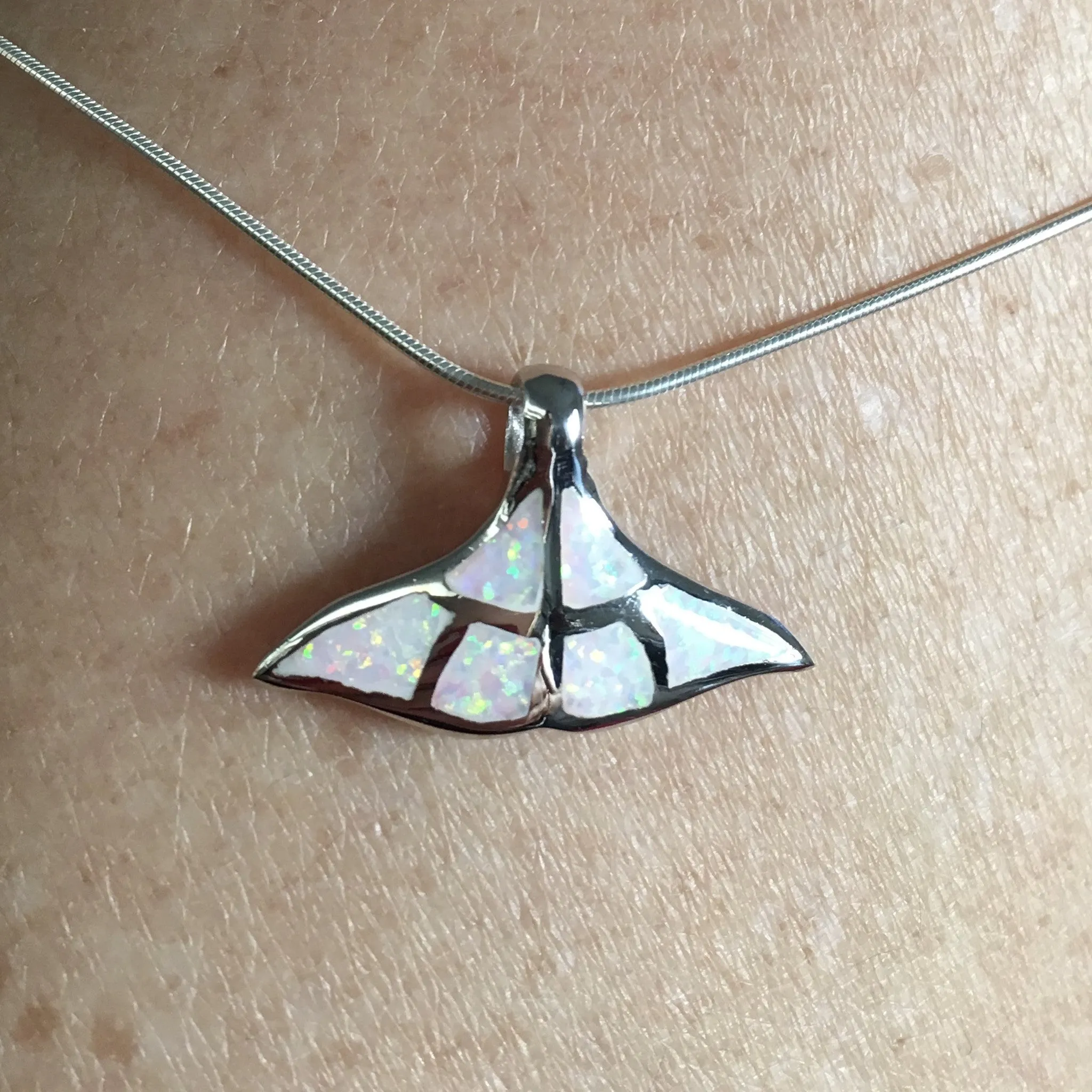 Sterling Silver White Lab Opal Whale Tail Necklace, Silver Necklaces, Fish Necklace