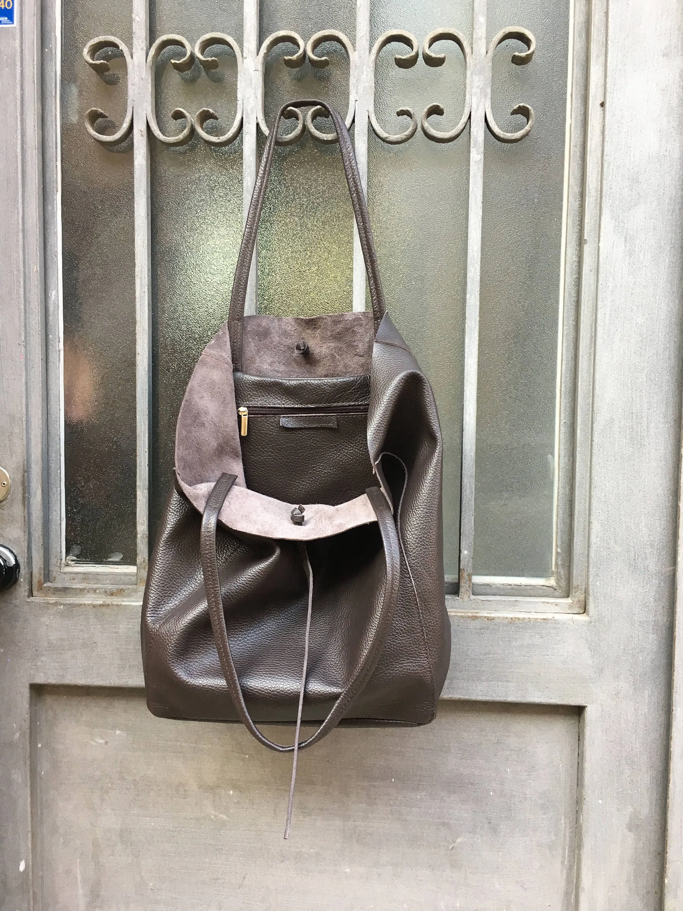 Tote leather bag in DARK brown. Leather shopper in chocolate brown. Soft natural GENUINE  leather. Large brown bag for your laptop, books
