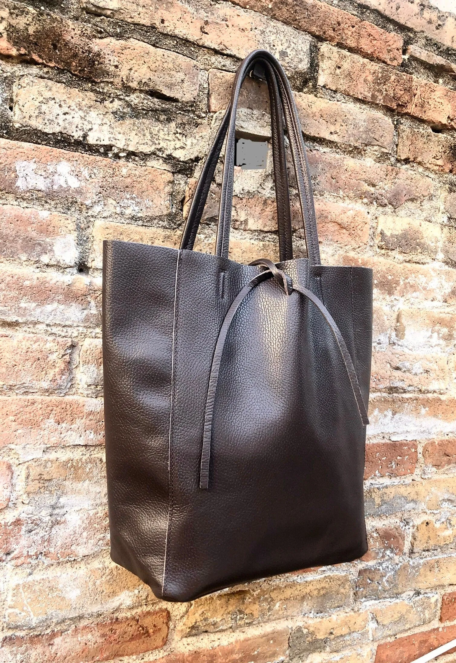 Tote leather bag in DARK brown. Leather shopper in chocolate brown. Soft natural GENUINE  leather. Large brown bag for your laptop, books